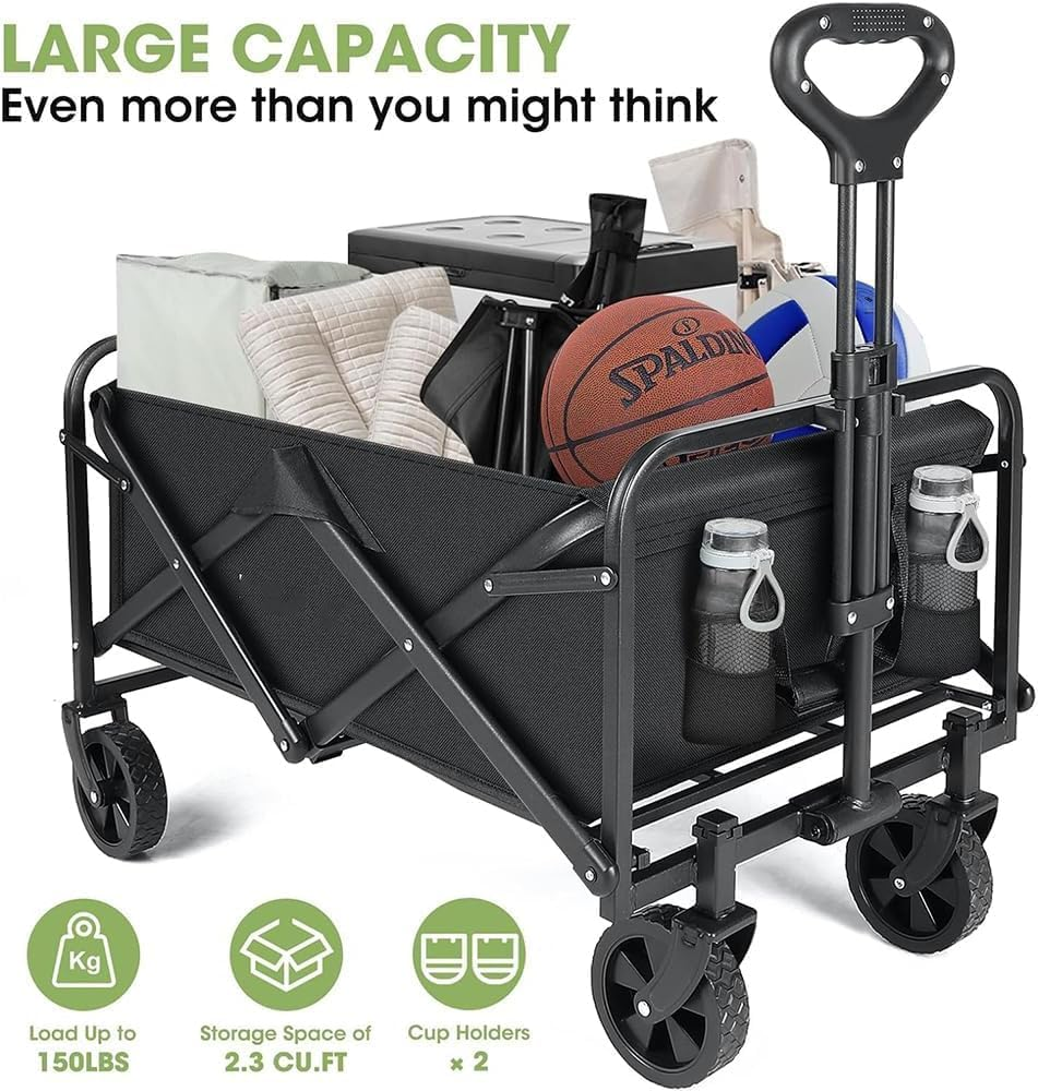 Garden Cart, Foldable Utility Vehicle, Collapsible Folding Outdoor Utility Wagon, Beach Wagon Cart with All Terrain Wheels & Drink Holders, Portable Sports Wagon for Camping, Shopping and Beach image number 4