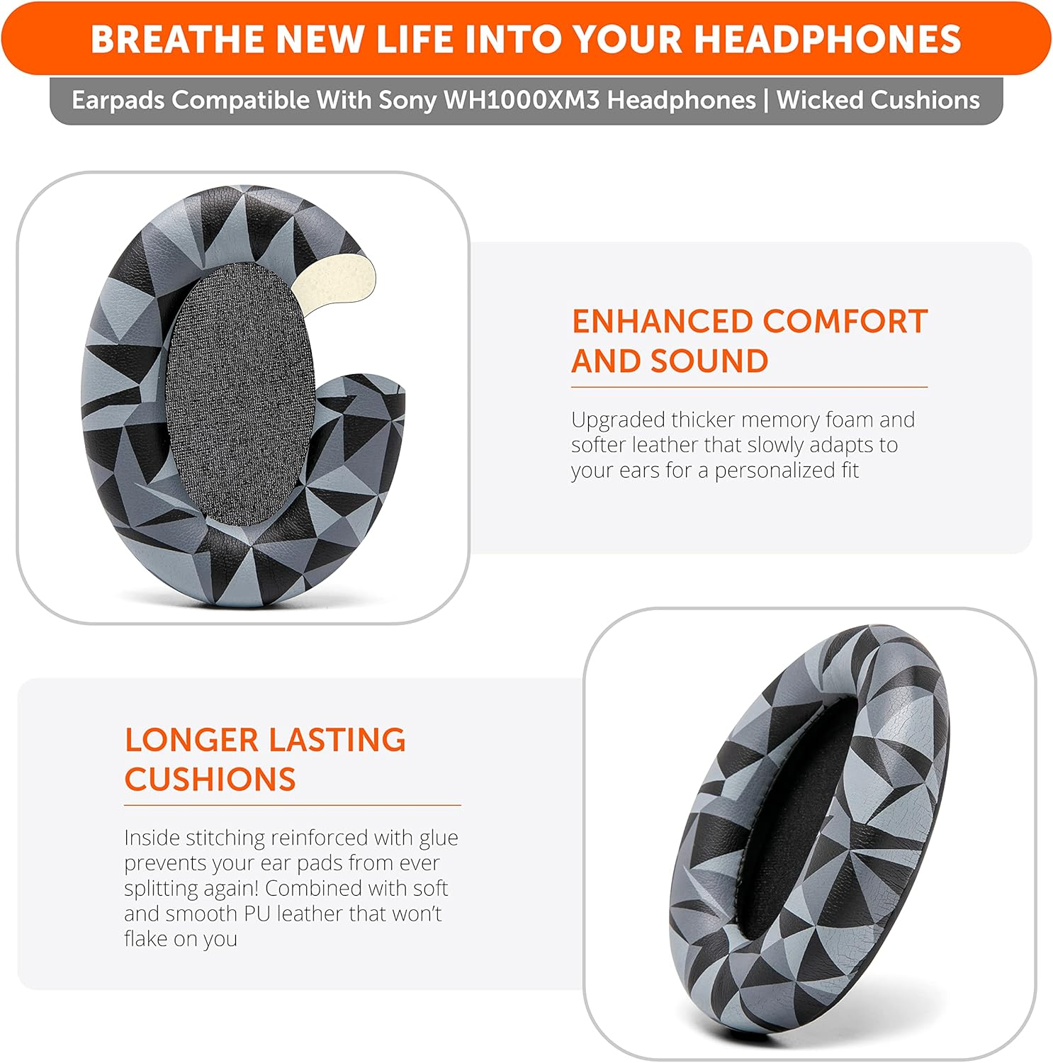 WC Wicked Cushions Replacement Ear Pads for Sony WH1000XM3 Over-Ear Headphones - Softer PU Leather Cushions, Luxurious Noise Isolating Memory Foam, Added Thickness (2021 Updated) (Geo Grey) image number 3