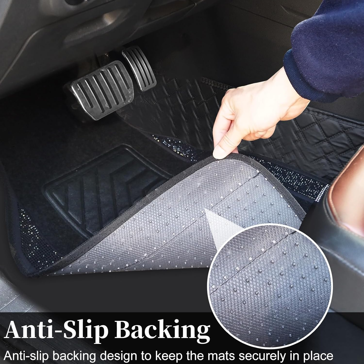 Bling Diamond Car Floor Mats Full Set, 4 Pack Sparkle Glitter Diamond Carpet with Anti-Slip Heel Pad, Waterproof Shining Rhinestone Automotive Mat Universal Fit Sedans,Suv,Vans,Trucks (Black Diamond) image number 5