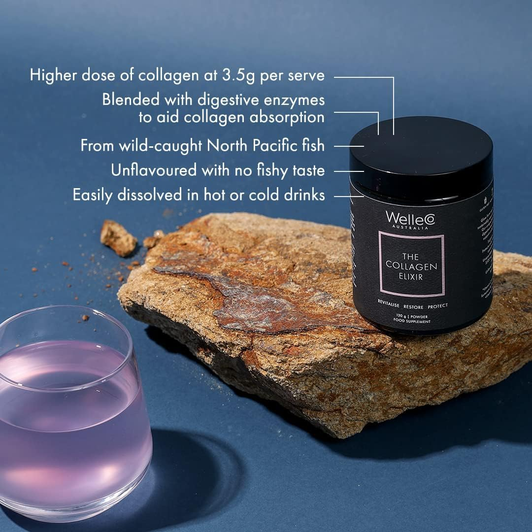 Welleco the Collagen Elixir, Marine Collagen Peptides Powder Supports Skin Hydration, Elasticity & Glow with Vitamin C, Hyaluronic Acid & Enzymes, Easy to Mix, Unflavoured, 120G image number 3
