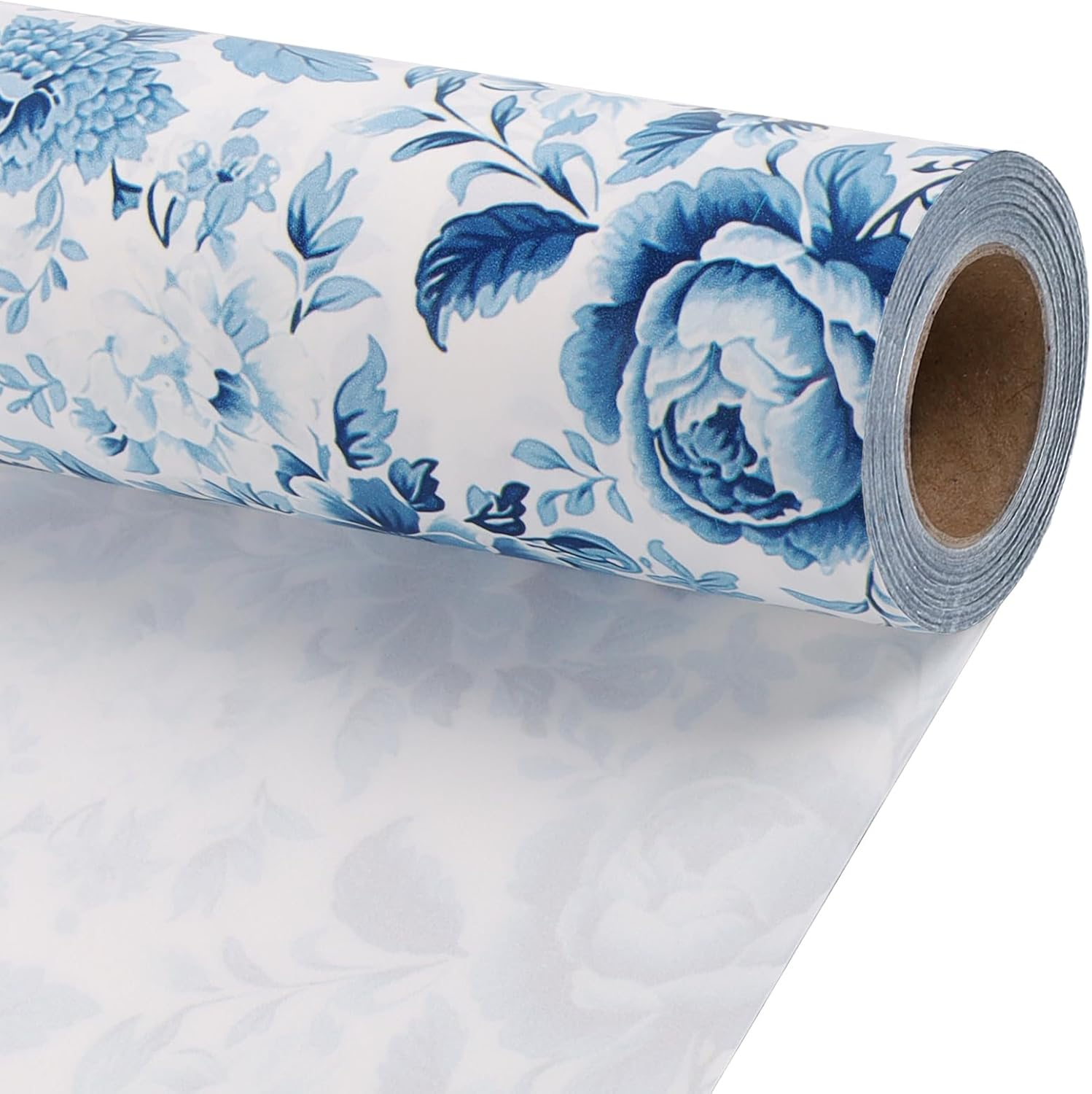 WRAPLA Floral Wrapping Paper Roll - 43Cmx10M Blue White Flowers Design Chinoiserie Gift Wrap Stone Paper for Wedding, Bridal Shower, Mothers Day(17In X 33Ft)