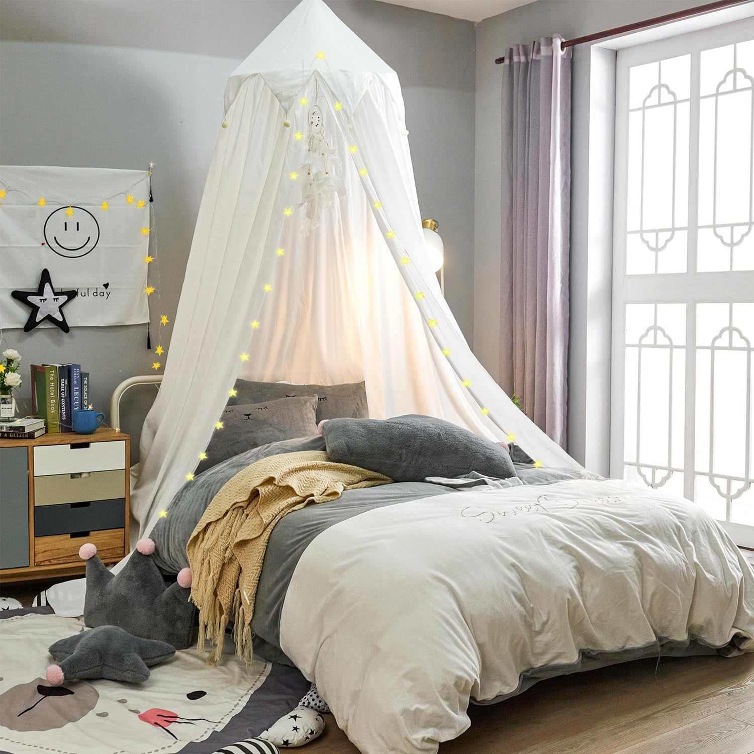 Bed Canopy Kids with Pom Pom, Cotton Princess Canopy with String Light for Girls Child Mosquito Net Cover Canopies Baby Crib Curtain Reading Nook Hanging Tent Nursery Play Game Castle Room Decoration