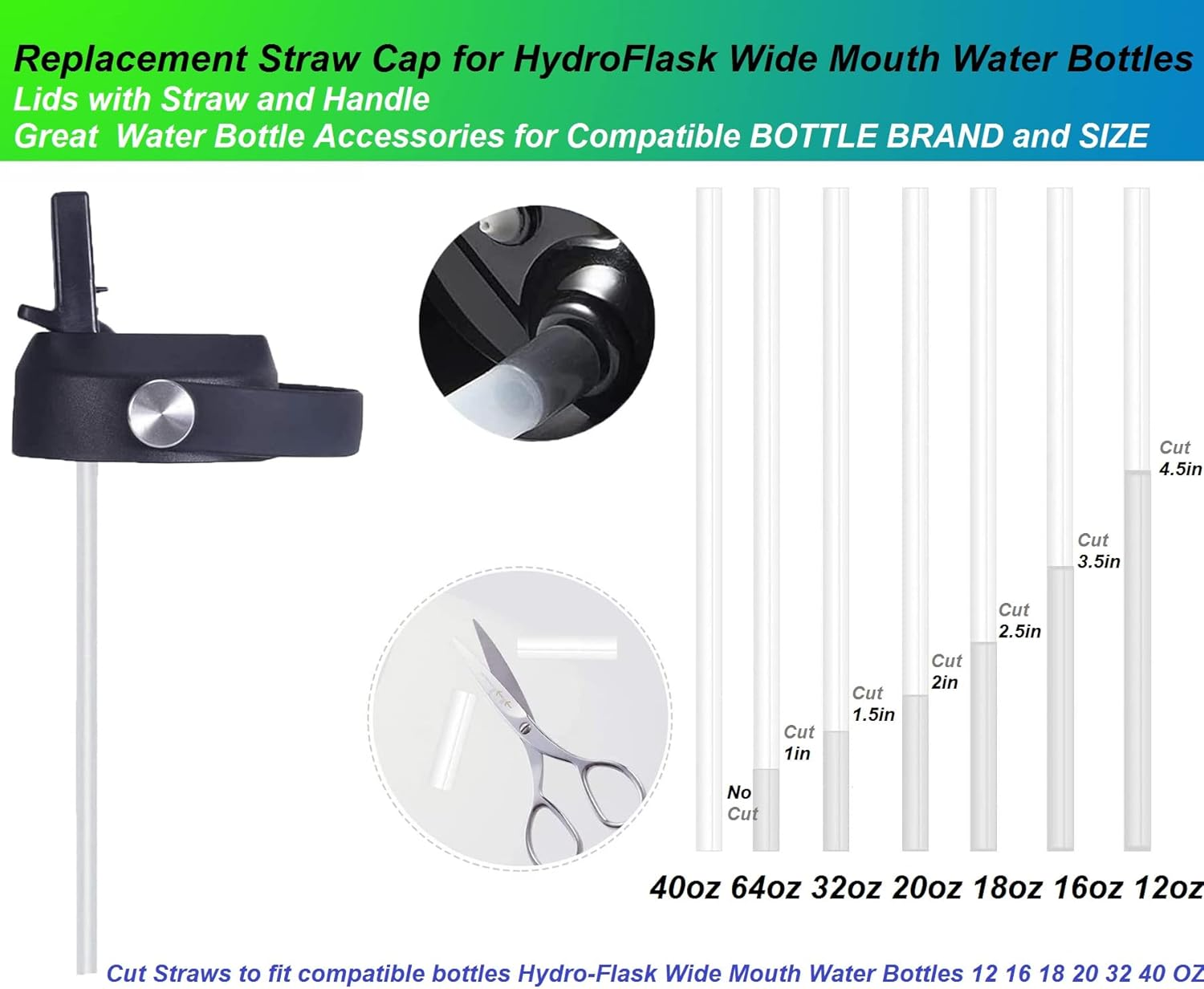 FLORAPELL Straw Lid for Hydro Flask Wide Mouth Water Bottles, Top Lids with Straw Compatible with Hydro Flask 32 40 Oz, Replacement Cap Wide Mouth Accessories Flip Lid Flex Handle (Black - 2 Pack) image number 5