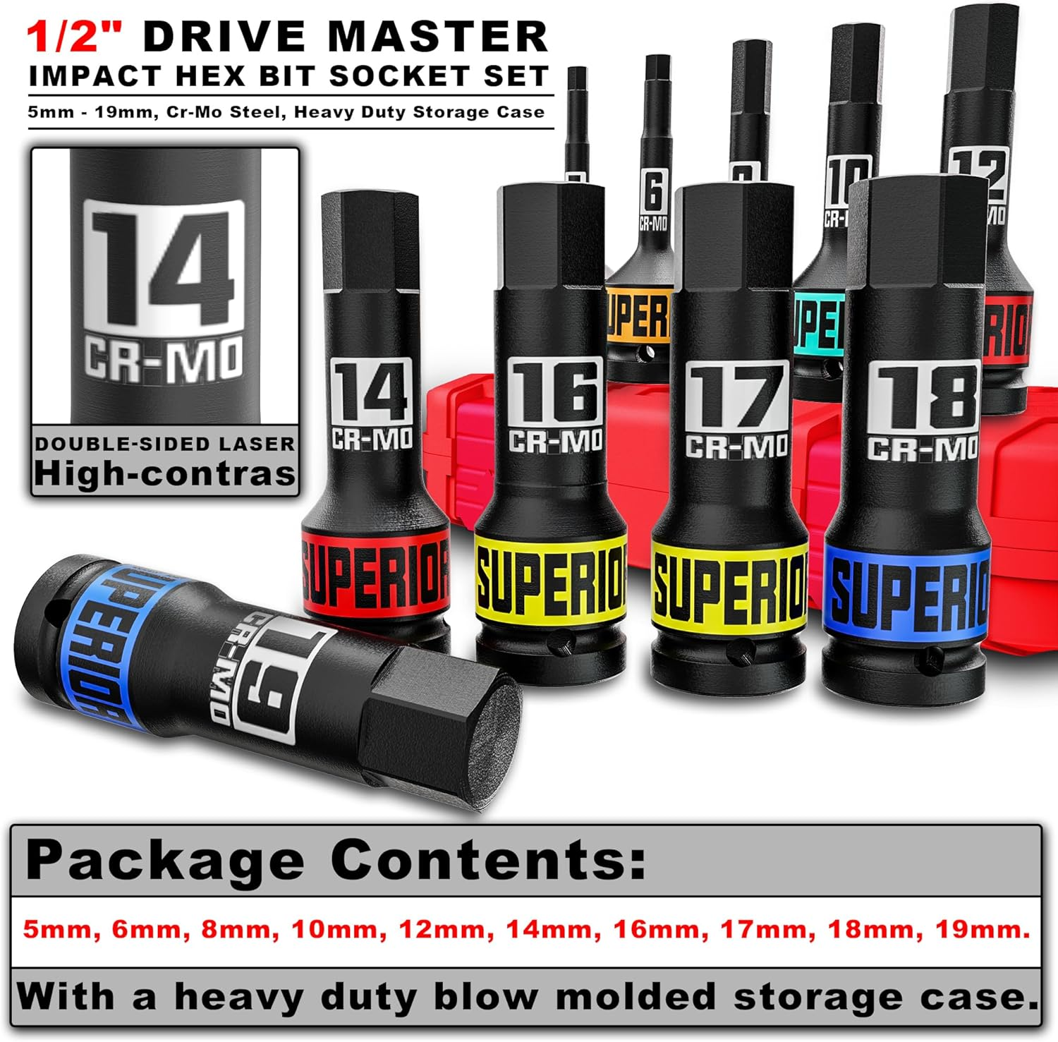 1/2" Drive Master Impact Hex Bit Socket Set, 5 Mm - 19 Mm, Impact Allen Bit Socket Set, Cr-Mo Steel, for Installing, Dismantling and Repairing Wheel Nuts on Vehicles,10 Pieces image number 4