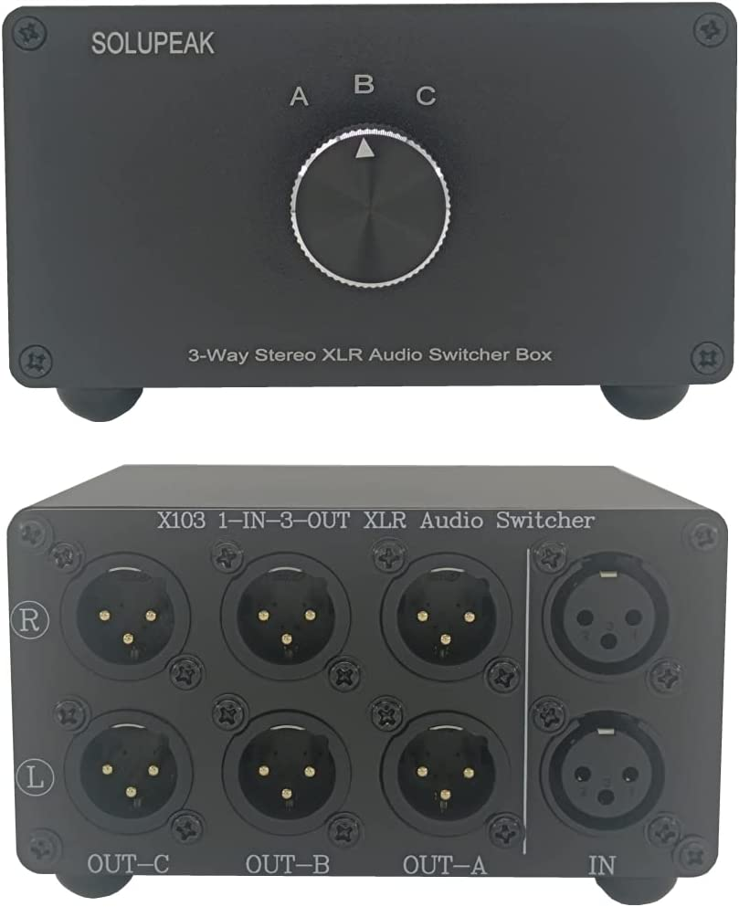 SOLUPEAK 3-Way XLR Stereo Audio Switch Box, Balanced Audio Converter, Passive Signal Source Audio Input Selector Switcher Splitter Box 3 in 1 Out (X301)