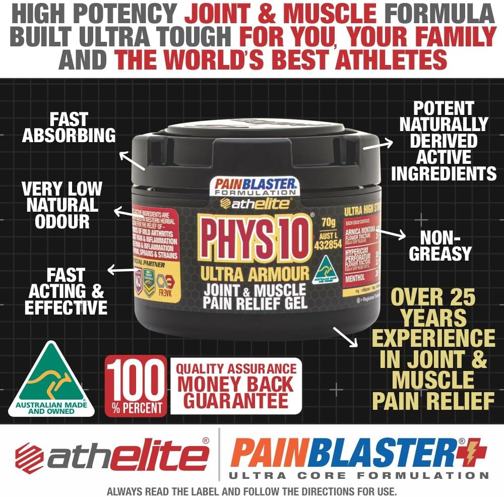 PHYS10 Ultra Armour - Joint and Muscle Pain Relief Gel 70G POWERED by PAIN BLASTER. High Potency TOPICAL ANTI-INFLAMMATORY. Temporary Relief for Mild Arthritis & Mild Osteoarthritis Symptoms, Non-Greasy, Easily Absorbed Gel with HIGH POTENCY ACTIVE INGREDIENTS That Include Arnica, Supports Joint Mobility. image number 2