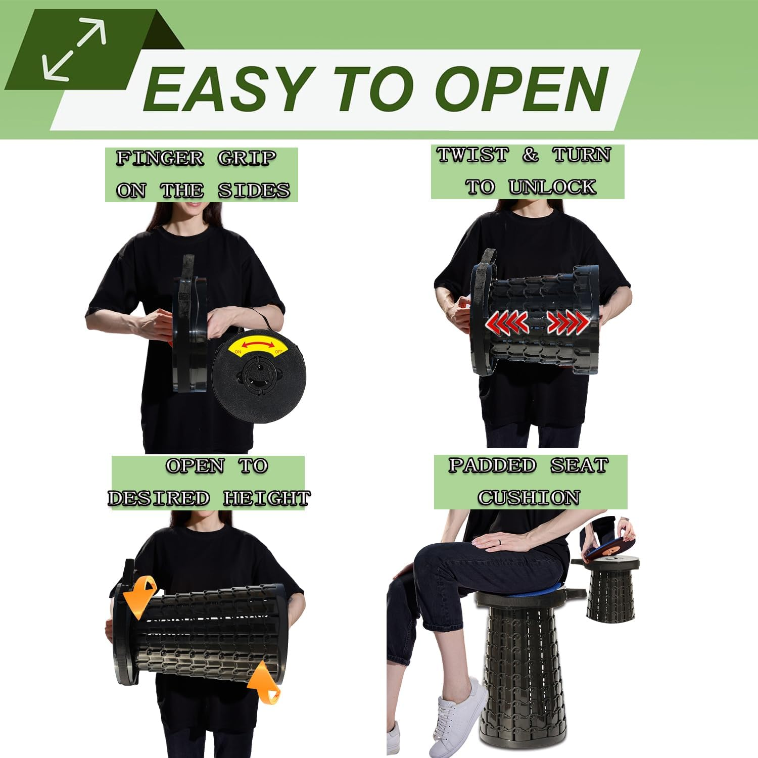 ALEVMOOM Upgraded XXL Collapsilbe Stool with Cushion,More Sturdy and Height 50Cm,D30Cm,Portable and Lightweight Adjustable Telescoping Stool for Camping Hiking BBQ Max Loading 1000Ibs - Green Verdant image number 3