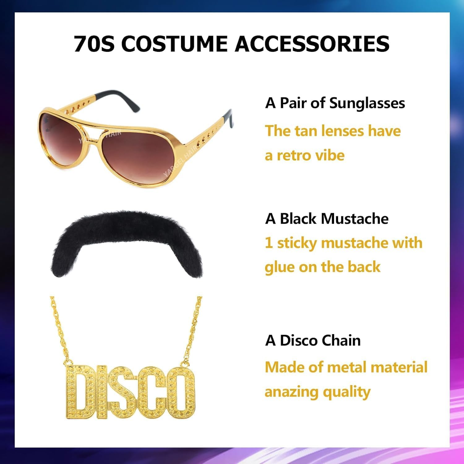 Mens Afro Wig Set for 70S Disco Party - 5Pcs (Glasses, Necklace, Mustache, Wig Cap) - Black image number 5