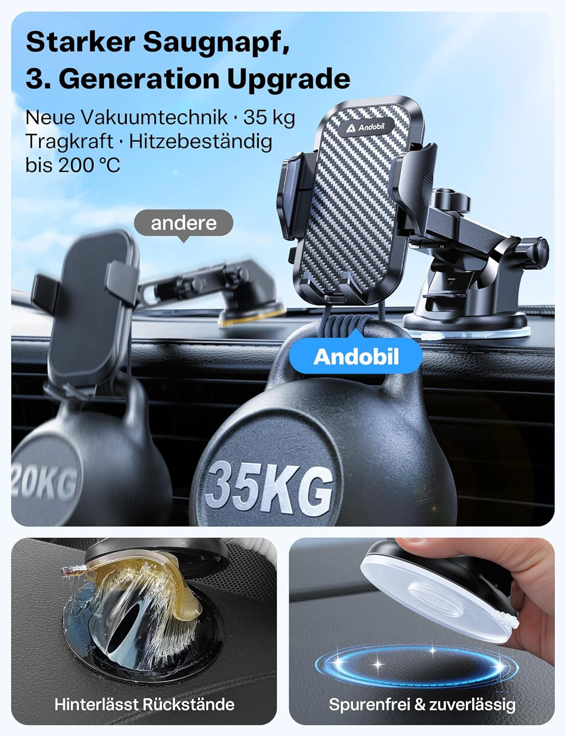 Andobil Car Phone Holder, [Ultra Stable] Hands Free Phone Mount for Dashboard, Windscreen, Air Vent, Desk, Universal Phone Stand Compatible with Iphone 12, 11, XR, XS, SE, Samsung Galaxy S20, Note 22