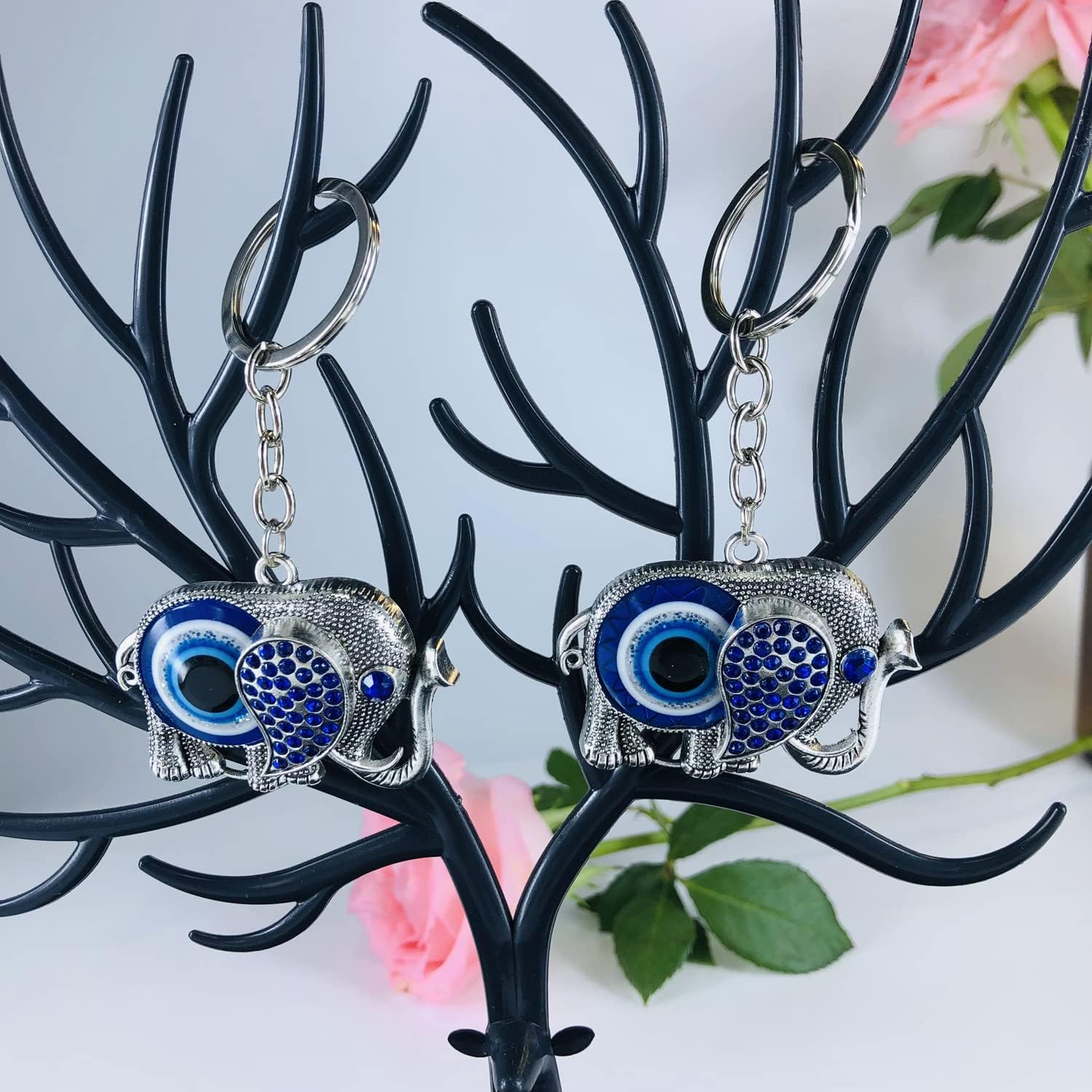 2 PACK Evil Eye Key Chain, Owl Elephant Key Ring, Handcraft Good Luck Keychain Hanging Decor Accessories