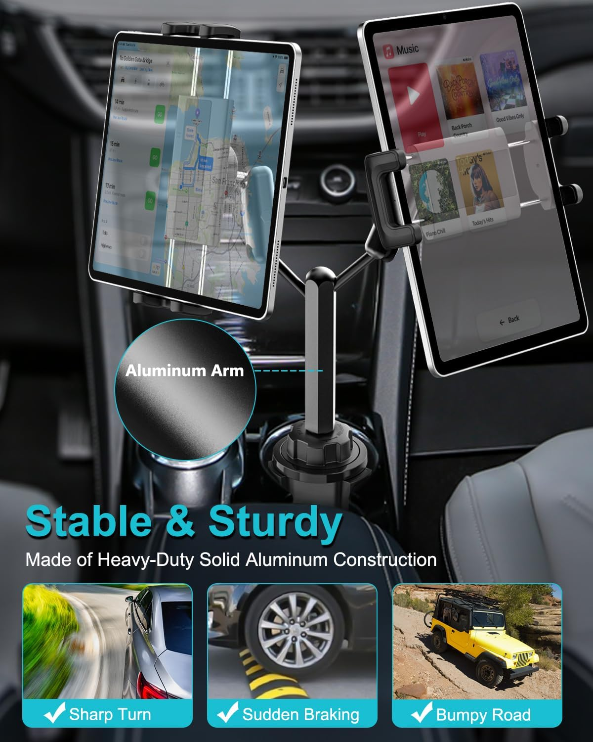 EXSHOW Car Cup Holder Tablet Mount, Heavy Duty Dual Tablet Holder for Truck, [Double Metal Arm] Adjustable Cupholder Compatible with Ipad Pro 13 12.9 Mini Air, ELD, Galaxy Tab, Iphone, 4-13" Device