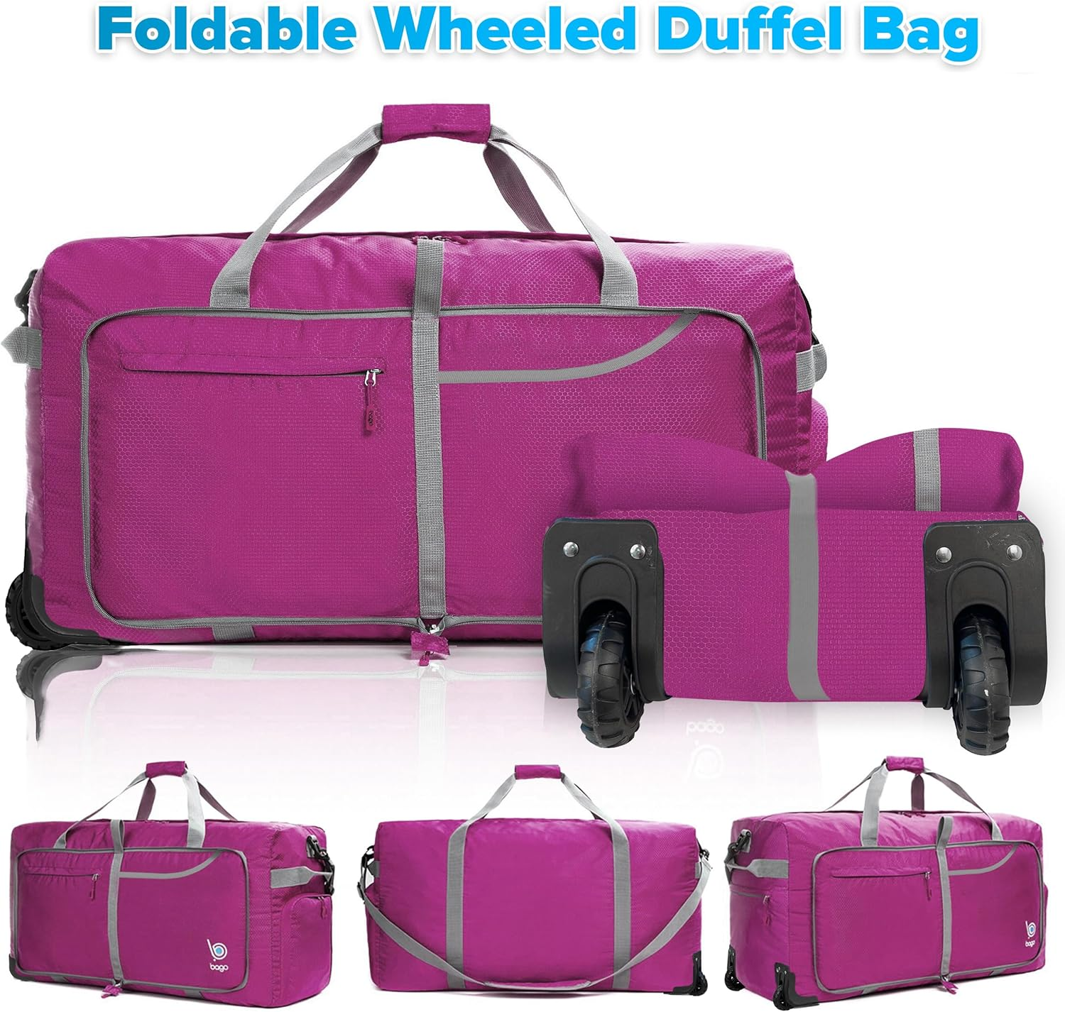 Bago Foldable Duffle Bag with Wheels - 80L 100L 120L 140L Folding Bag, Waterproof Travel Duffel Bag, Heavy Duty Weight-Saving Duffle Bag for Travel, Carry-On Duffel Bag with Wheels, Pink, 80L image number 2