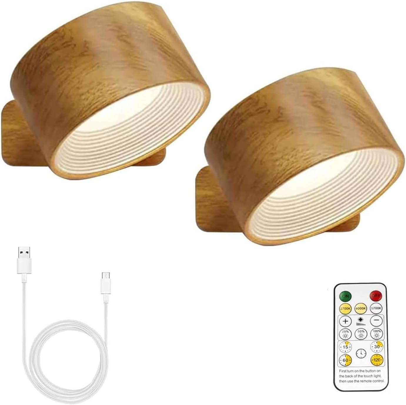 Wall Lights 360&deg;Rotate Rechargeable Touch Control Adjust 3 Brightness Levels Wall Mounted Lamp LED Wall Lights for Bathroom, Living Room, Kitchen (Wood) image number 3