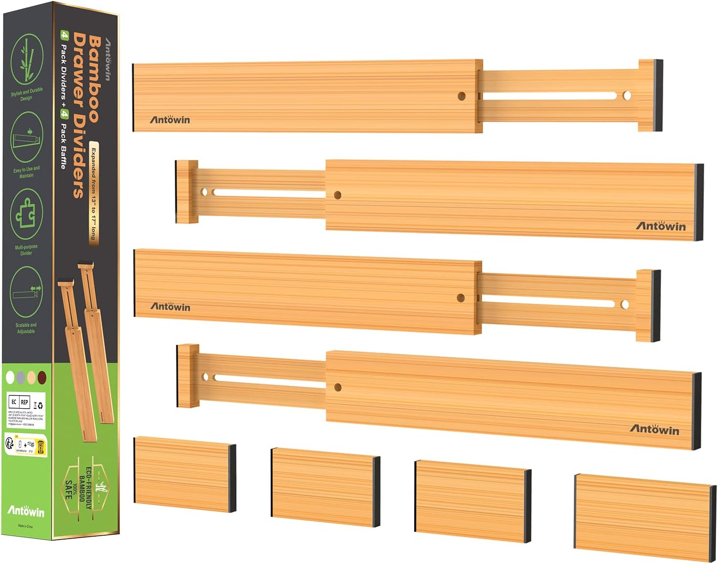 ANTOWIN Bamboo Drawer Dividers Organizers(33-43Cm), Drawer Separators Splitter, Adjustable Spring-Loaded Organizer for Large Utensil, Clothes, Tools Drawers image number 2