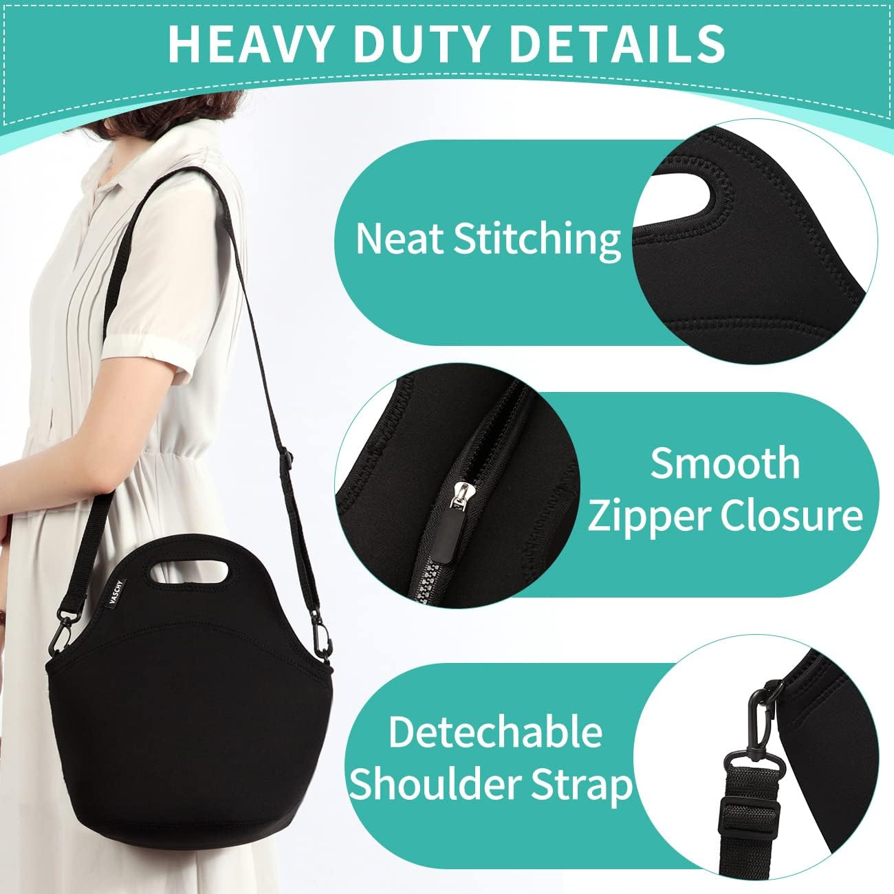 Lunch Bag for Women, Vaschy Big Girls' Neoprene Insulated Container Men Cooler Bag for Work, School, Picnic with Detachable Adjustable Shoulder Strap Classic Black image number 2