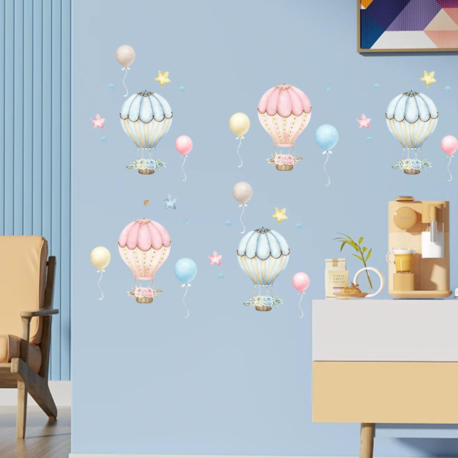 Sgphrzlt 2 PCS Glow in the Dark Hot Air Balloon Nursery Decor Stickers, Vinyl Peel and Stick Wall Decals, Removable Colorful Art Stars Artwork Decoration for Girls Boys Bedroom Playroom Ceiling image number 6