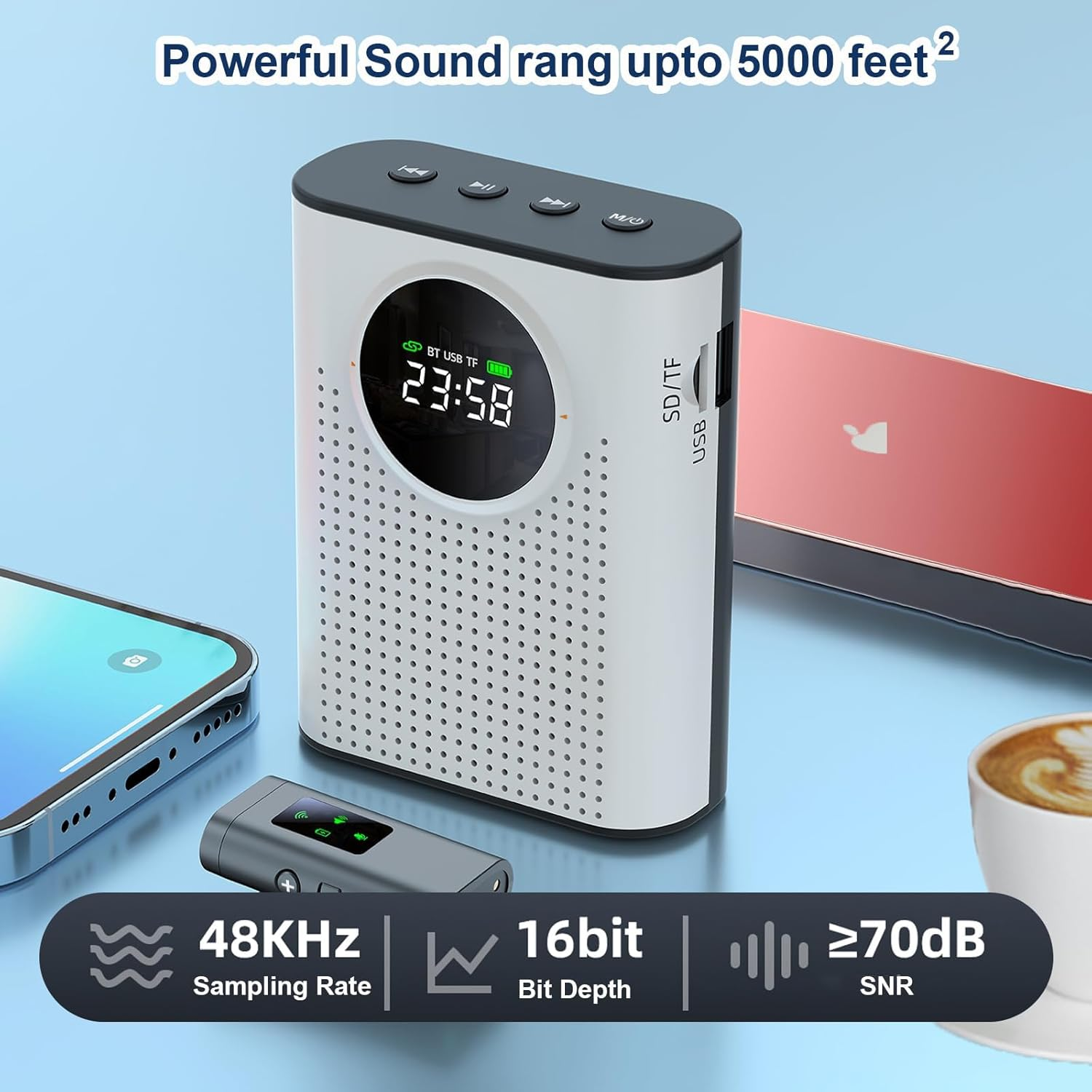 Phoselpida Voice Amplifier with Magnetic Wireless Lavalier Microphone, Portable Amplifier with 2.4G Wireless Microphone, Supports Bluetooth, TF Card, USB Flash Drive and AUX Input image number 5