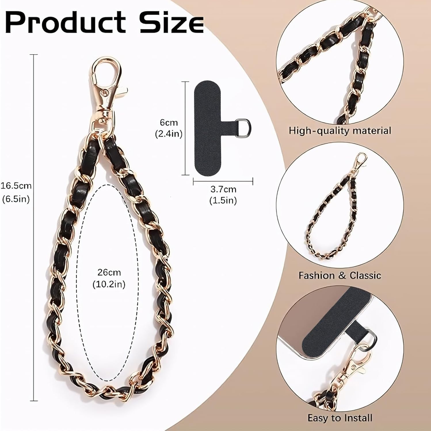 AIQIUQIU Cell Phone Charm Strap with Wrist Metal Chain Detachable Phone Lanyard for Girls Women, Adjustable Wrist Strap Hand Lanyard for All Smartphone - Black/Gold image number 3