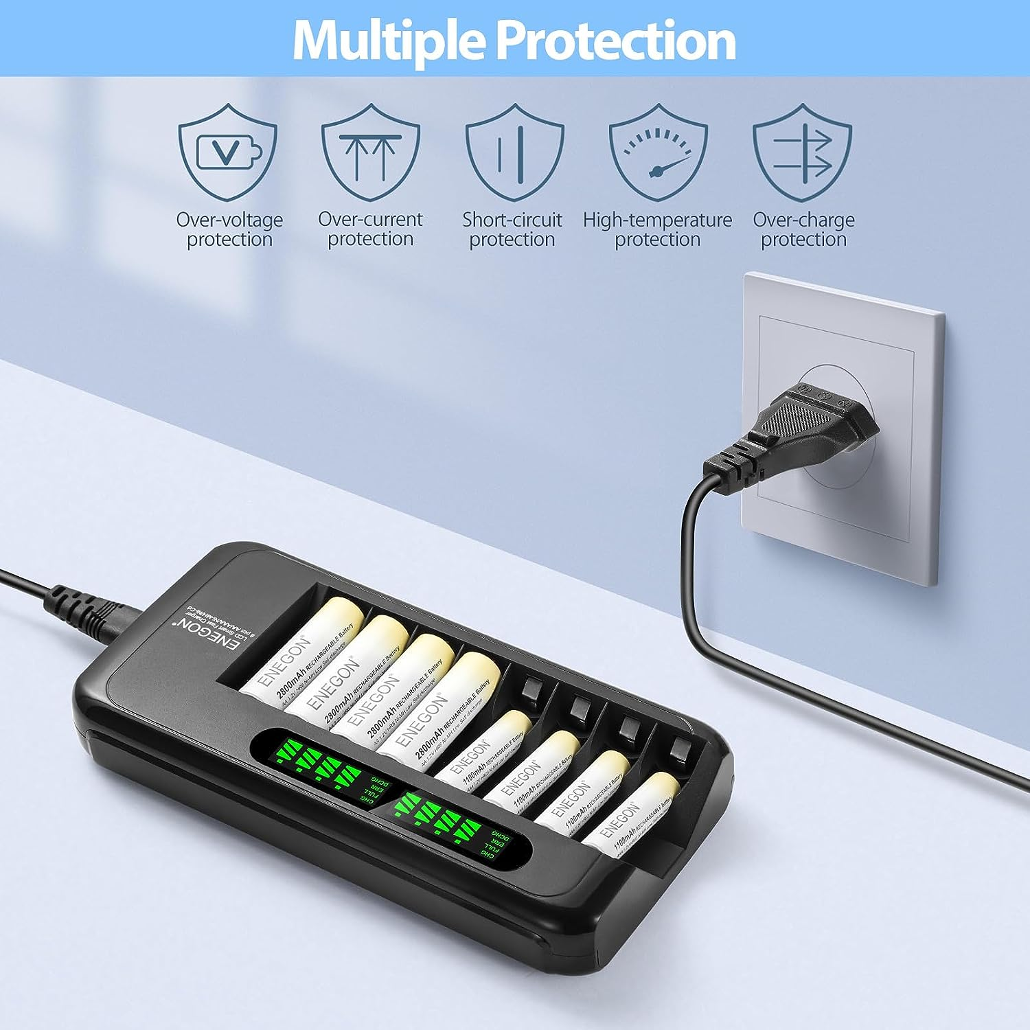 ENEGON AA AAA Battery Charger, Fast Charger with AC Adapter and Intelligent LCD Display, Independent 8 Bay Charger for Ni-Mh Ni-Cd Rechargeable Batteries, Auto Cut-Off When Battery Is Full Charged image number 1