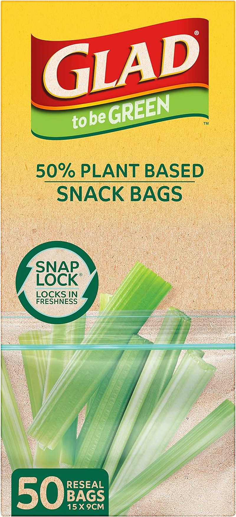 Glad to Be Green 50% Plant Based Snack Bags, 15Cm X 9Cm Resealable Bags to Keep Food Fresh, 50 Count image number 1