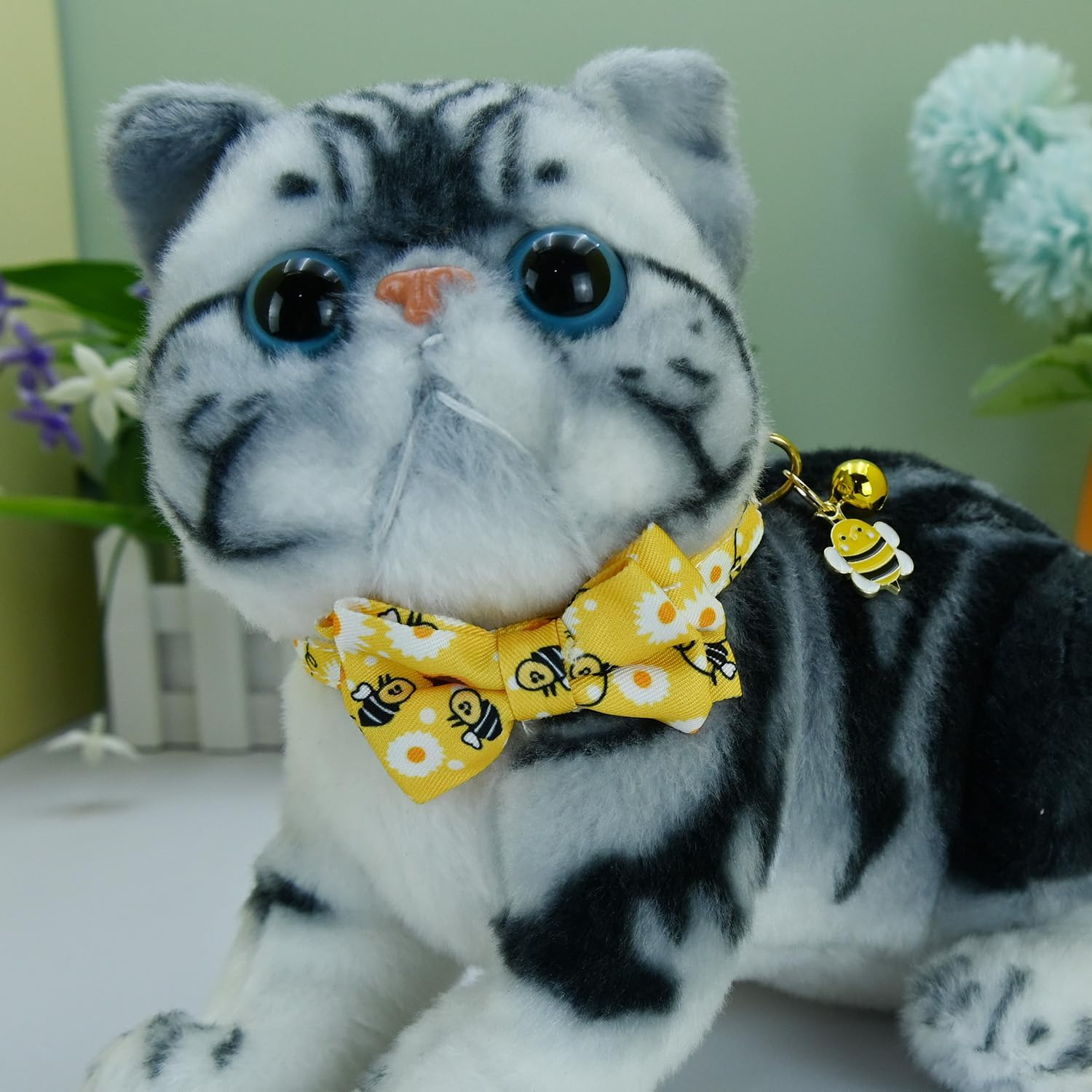 Newtensina Fashion 2 Pieces Cute Bee Dinosaurs Pattern Cat Collar with Bee Dinosaurs Pendant for Cats - Yellowblue image number 2