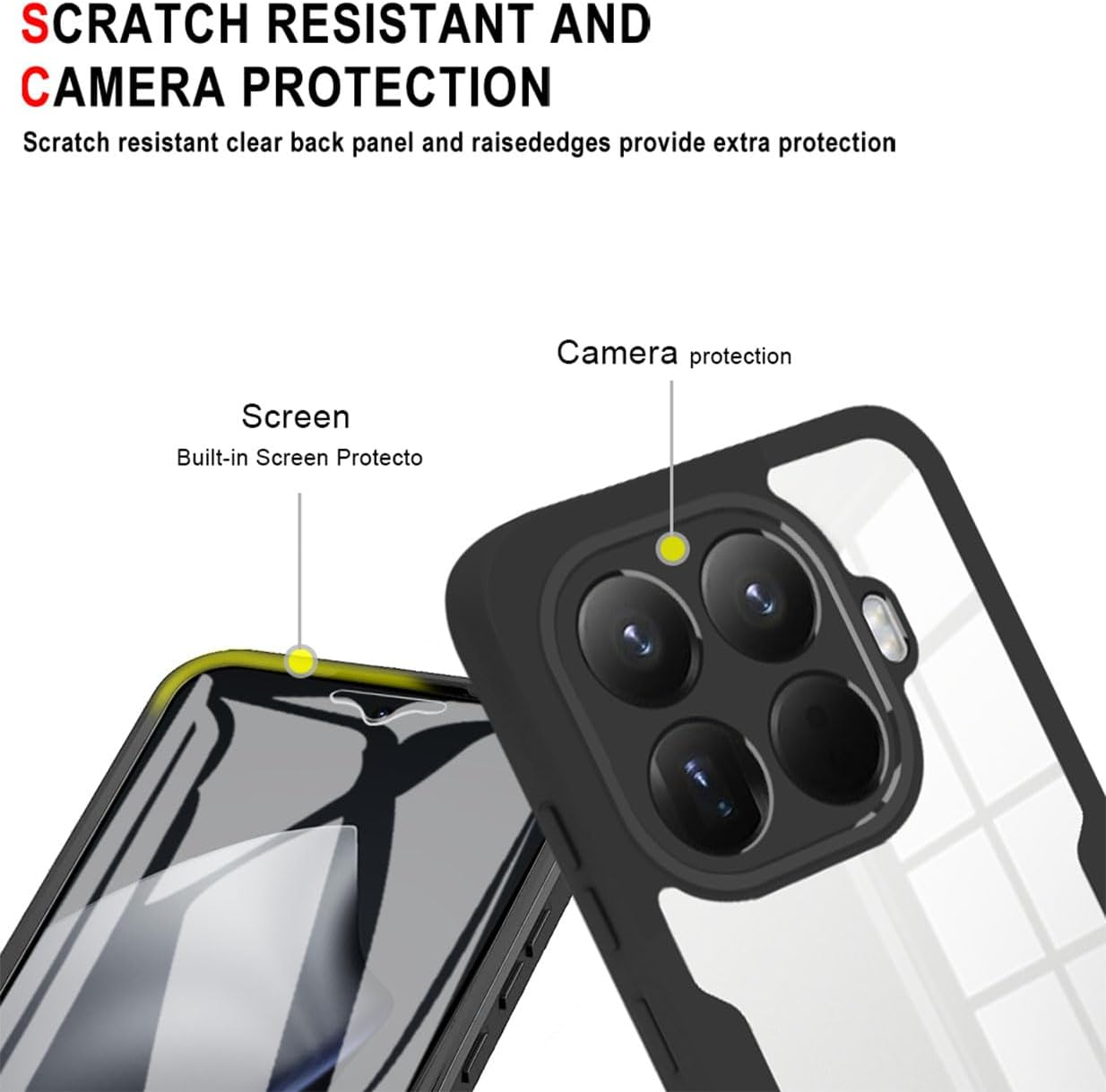 UPLAI Transparent Case for Xiaomi 15T Pro 5G, 360 Degree Full Body Military Grade Shockproof Mobile Phone Case Built-In Screen Protector, Soft TPU Bumper Protective Case, Black image number 2