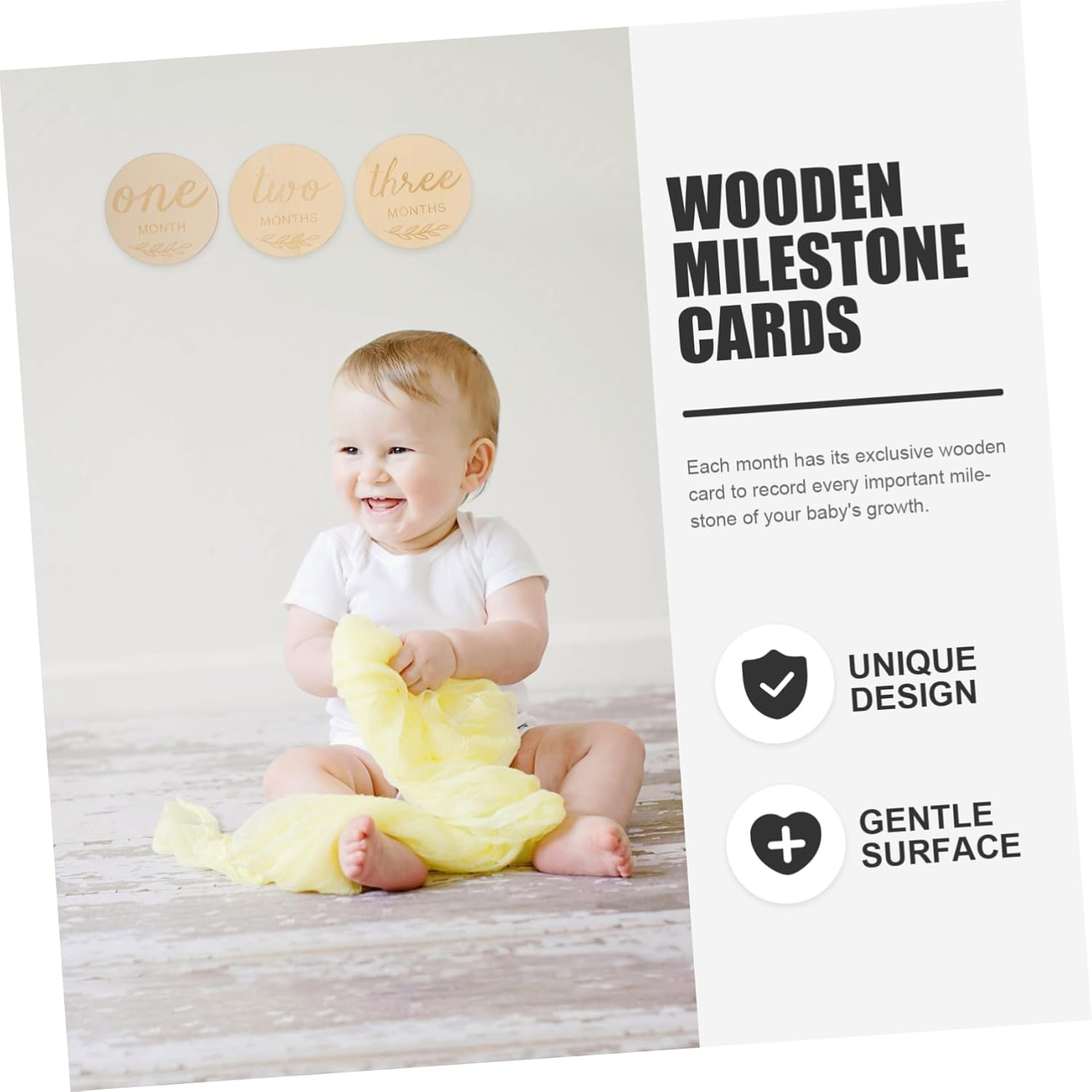 ULDIGI 12Pcs Wooden Milestone Cards Monthly Milestone Discs for Newborn Photo Props Natural Double Sided Design Parents for First Year image number 2