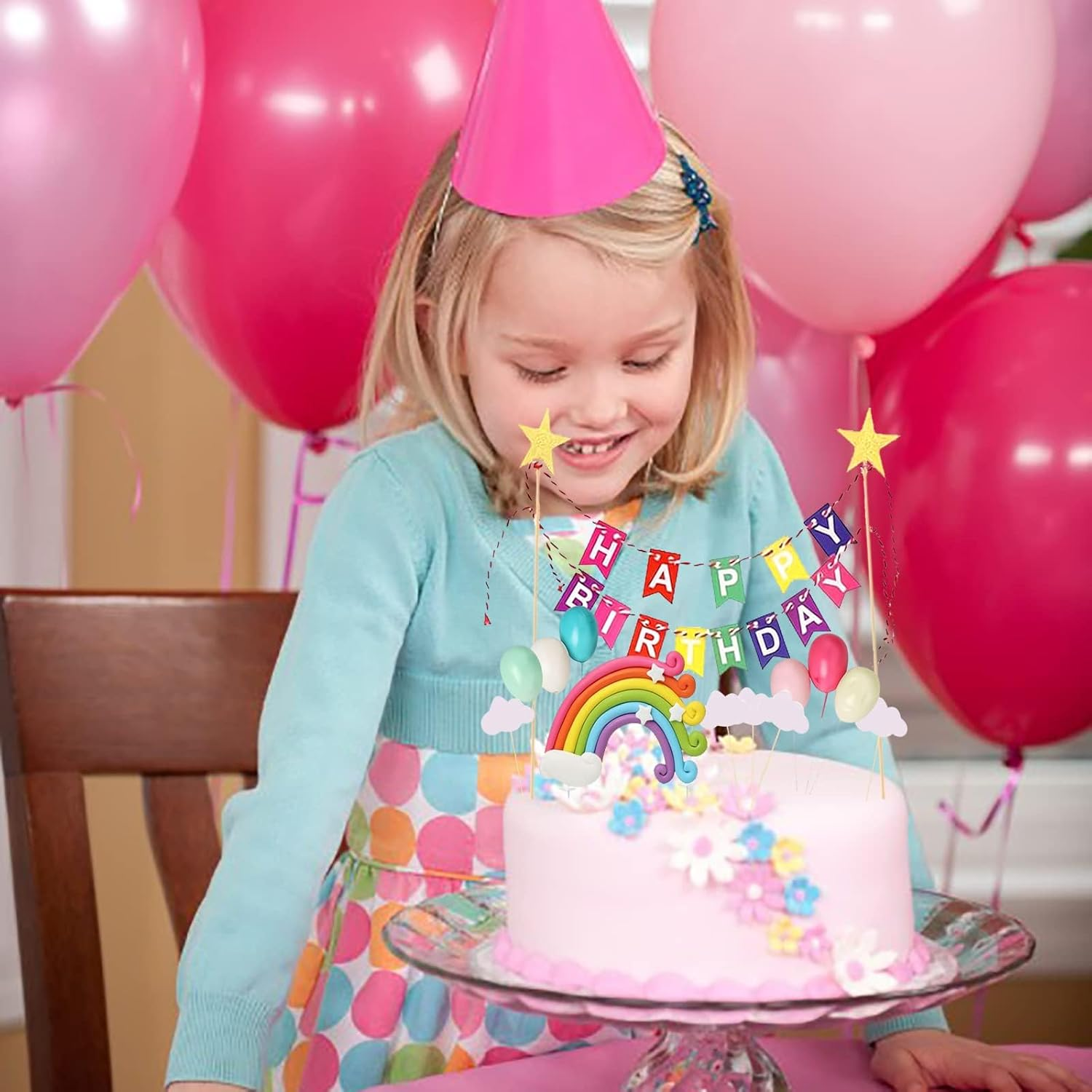 Rainbow Cake Topper, 13-Piece Cake Decoration Set, Include Colorful Rainbow Clouds Balloon Stars, for Boy Girl Kid Birthday Baby Shower Party Baking Decoration Supplies image number 1