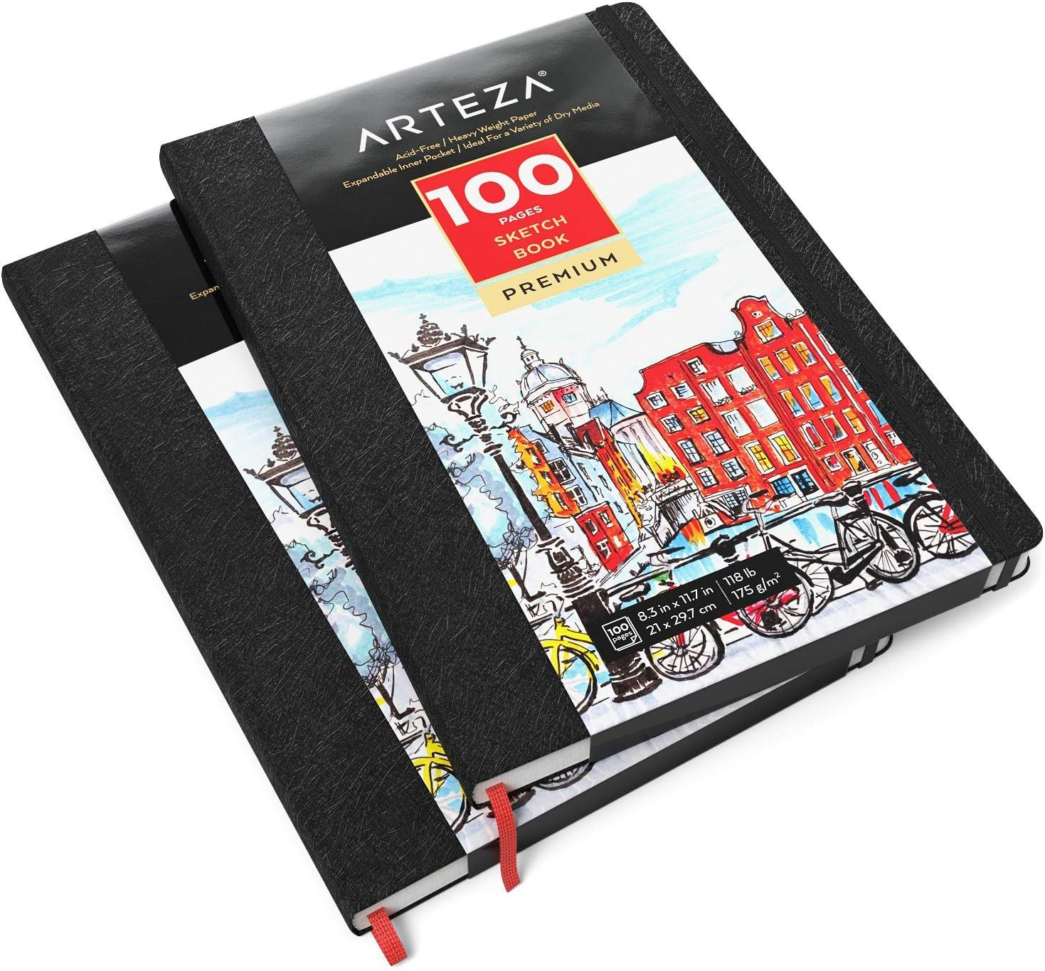 ARTEZA 8.3X11.7 Sketch Book, Pack of 2 Notebooks, 100 Pages per Pad, 118Lb/175Gsm, Hardcover Journals with Bookmark Ribbon, Expandable Inner Pocket, and Elastic Strap, for a Variety of Dry Media image number 4