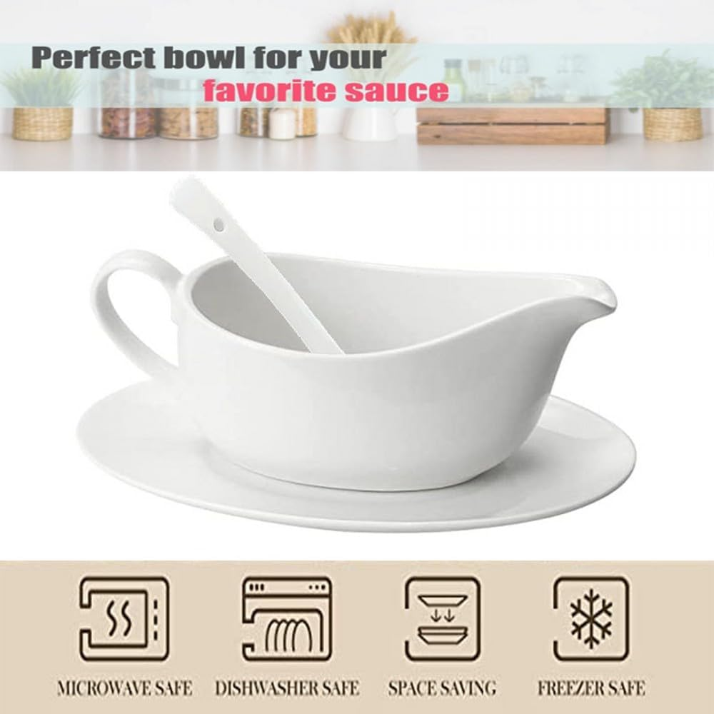 Qlans Gravy Boat with Ladle and Saucer 17 Oz,Ceramic Sauce Boat with Tray for Salad Dressings Milk,Warming Sauces,Creamer,Broth,Black Pepper,White (1 PCS New Gravy Boat with Ladle and Saucer) image number 1