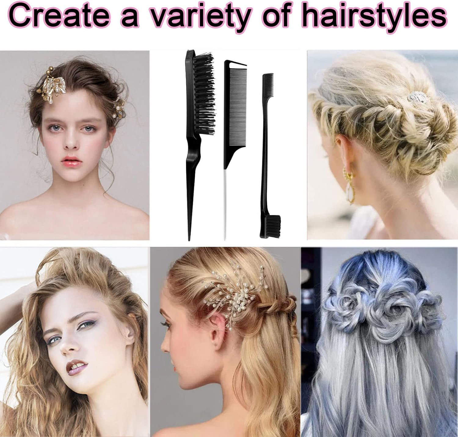 Sleek Bun Brush Set, Double Edge Brush, Teasing Hair Brush Set, Rat Tail Comb, for Hairdresser, Women, Baby, Children, Black, Pack of 3 image number 5