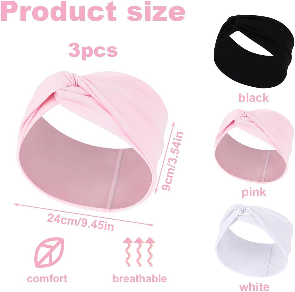 WUSJCOF Pack of 3 Elastic Headbands, Summer Cotton Cross Headband, Wide Headband, Knot Sports Headwrap, Yoga Headband, Hair Accessories for Women Girls (Black, White, Pink) image number 1