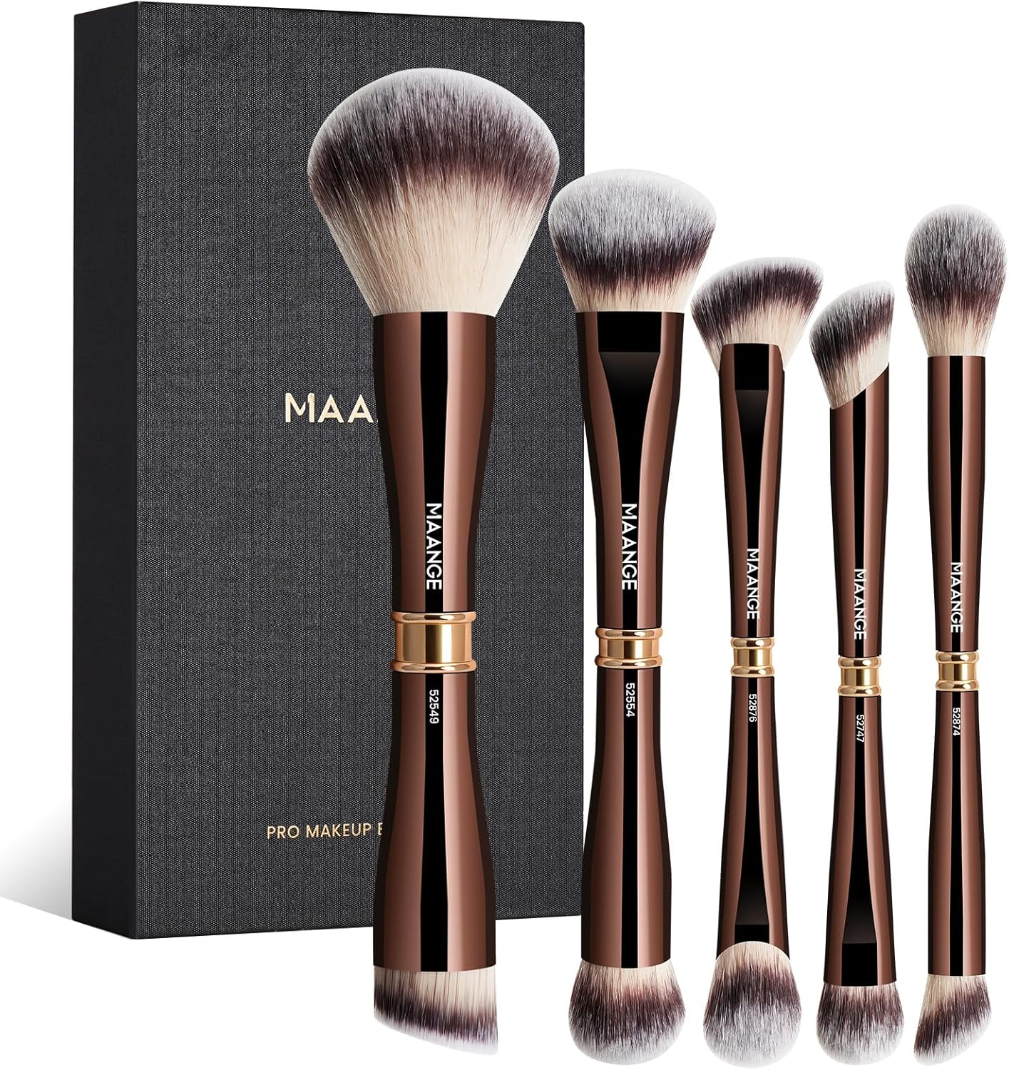 MAANGE Luxury 5 Piece Coffee Gold Makeup Brush Set - Dual Ended Professional Foundation & Eyeshadow Brush with Travel Bag | Premium Gift for Women