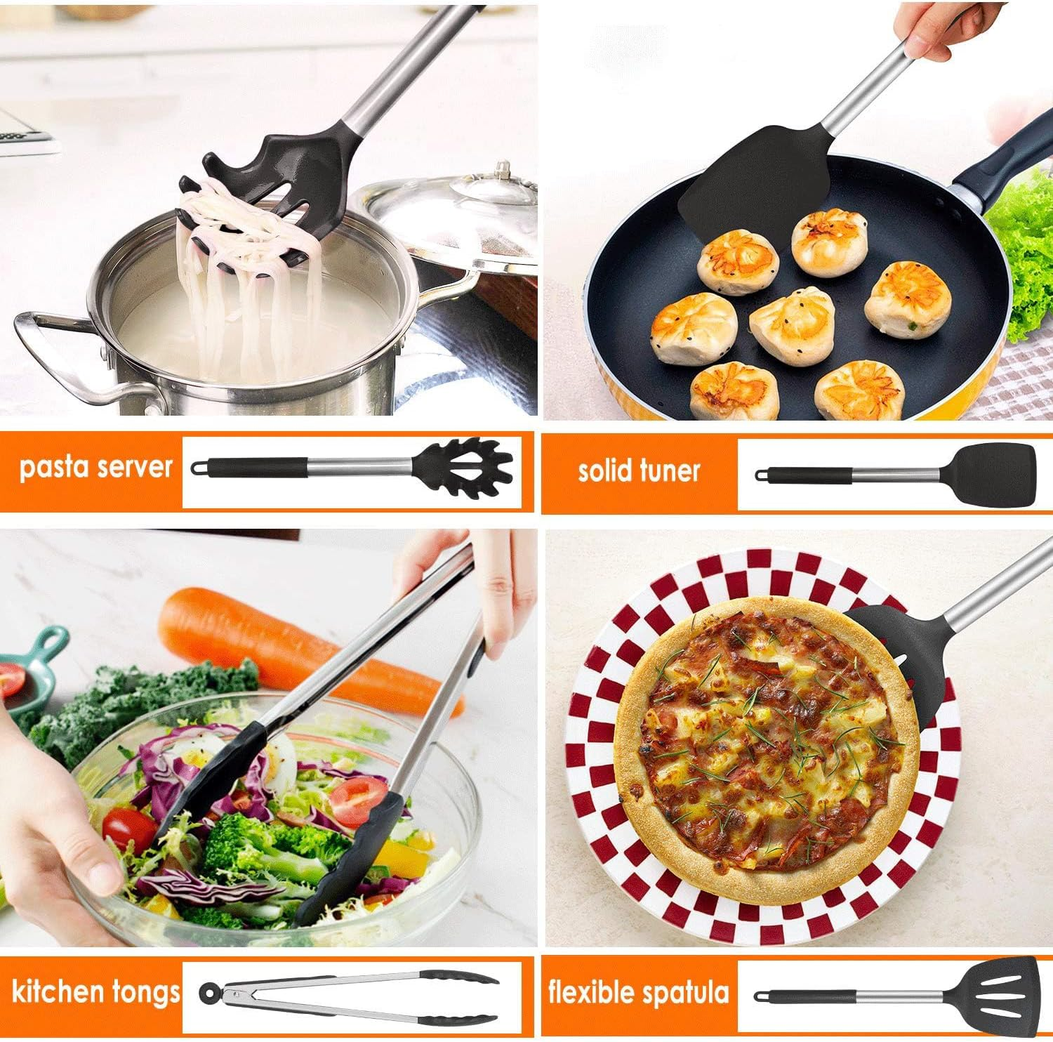 Kitchen Utensils Set, 15 Pcs Silicone Cooking Utensils Set, Non Stick and Heat Resistant Cookware, Cooking Tools with Holder(Black) image number 5