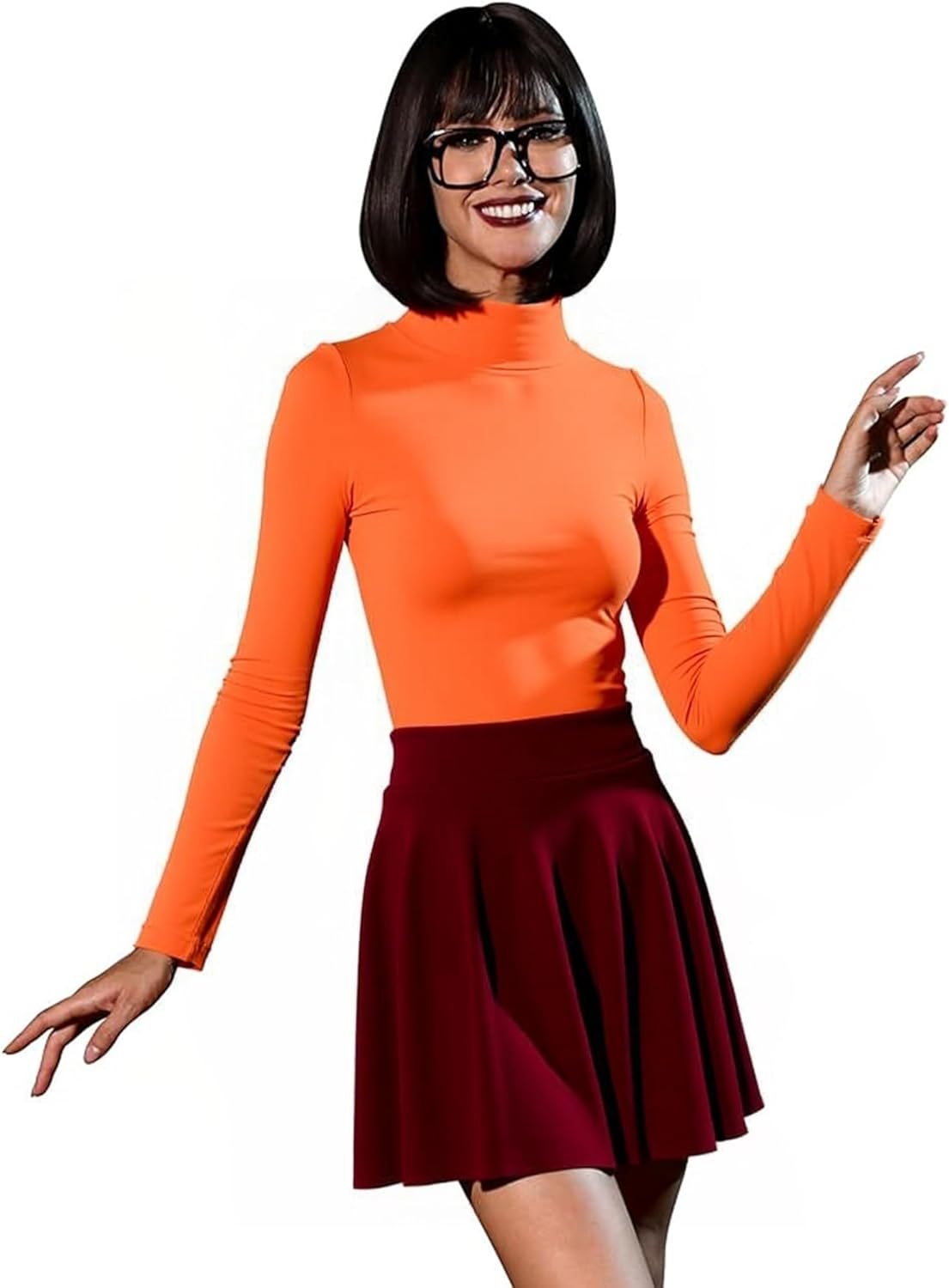 Velma Costume for Women Orange Halloween Costumes with Mini Skirt, Knee Socks image number 5