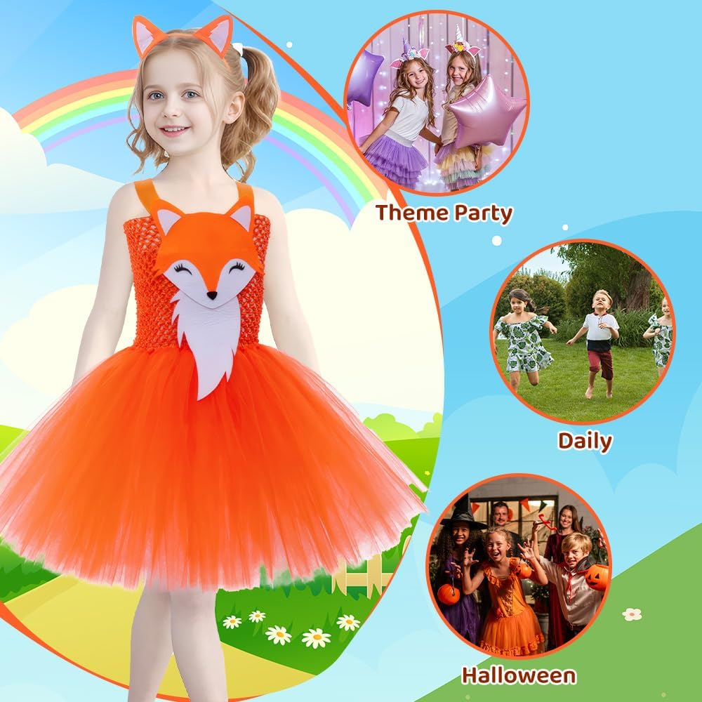 AUTOWT Jungle Themed Cosplay Costumes for Girls, Animal Tutu Skirt with Headband, Fox Tulle Outfit for Children'S Halloween Christmas Birthday Theme Party