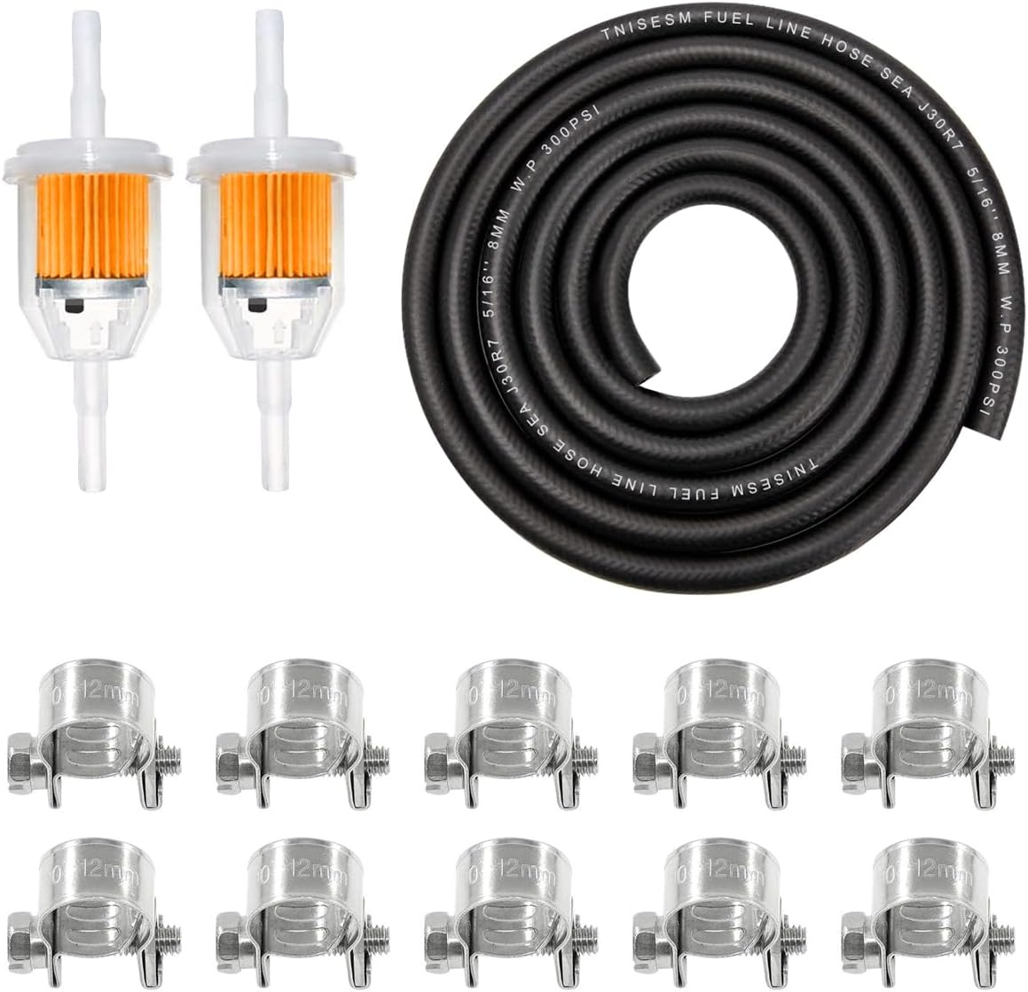 Tnisesm 5/16"(8MM) Inch ID Fuel Line Kits, 2 Meter / 6-Foot Fuel Line + 2Pcs 1/4 Inch X 5/16 Inch Gas Inline Fuel Filters with Magnet +10 Pcs 15/32''-9/16'' Mini Fuel Hose Clamps Adjustable image number 2