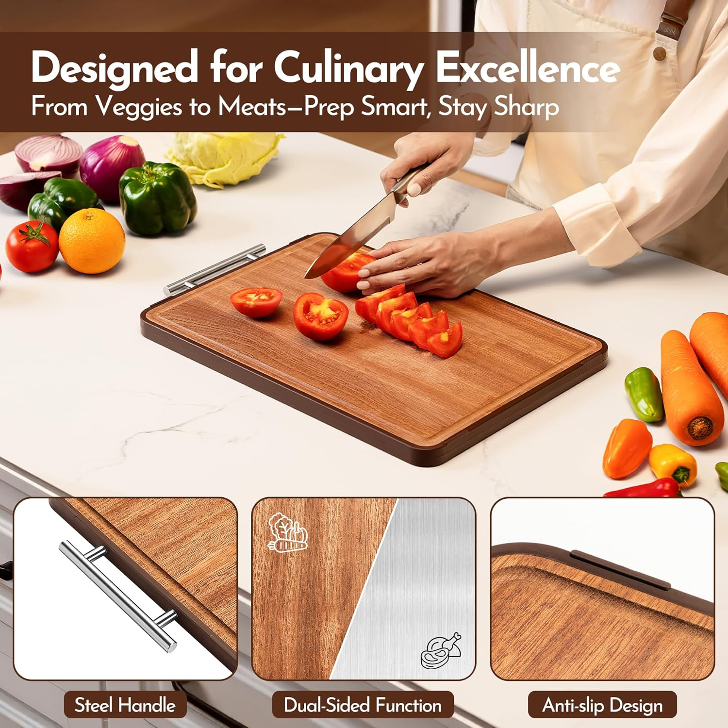 Chopping Board &ndash; Premium Wooden Cutting Board with Stainless Steel & Ebony, Double-Sided with Juice Groove &ndash; Ideal for Kitchen Prep, Charcuterie, Meat, Cheese & Fruit image number 4