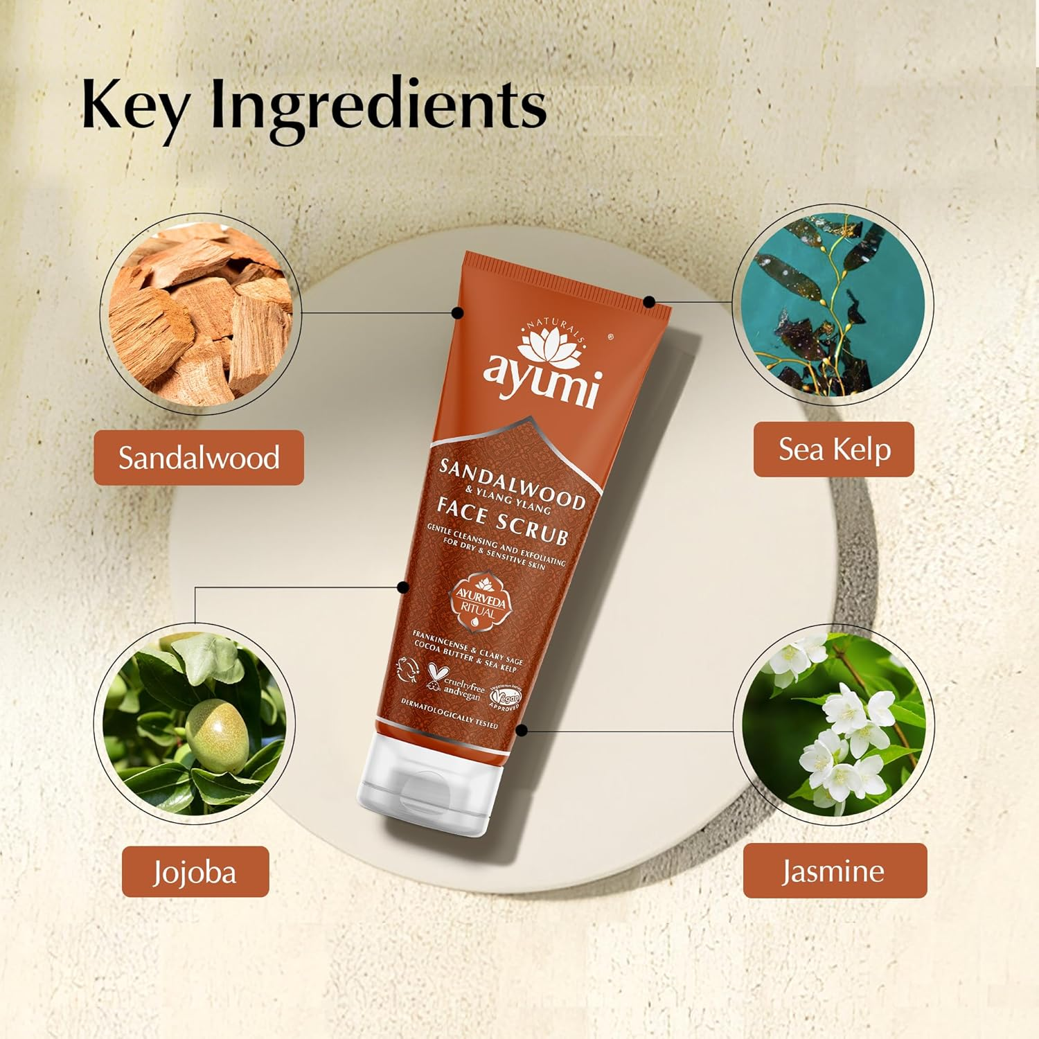 Ayumi Sandalwood & Ylang Ylang Face Scrub. Vegan, Cruelty-Free, Dermatologically-Tested, 3 X 125Ml image number 6