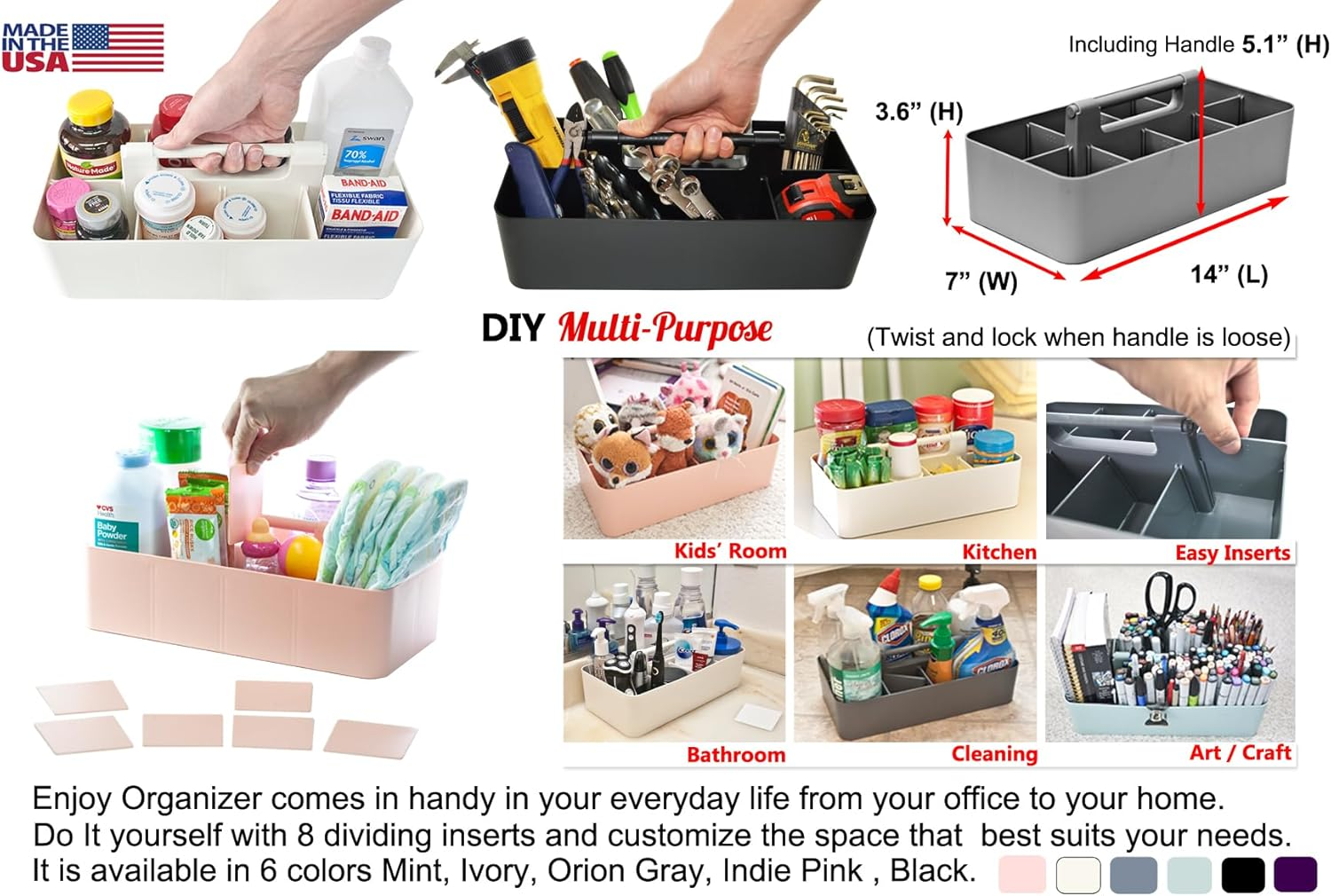 New! Enjoy Organizer - Office Storage Portable Organizer DIY Basket Caddy -Made in USA (Ivory) - Flower Butterfly Lily:Pink image number 5