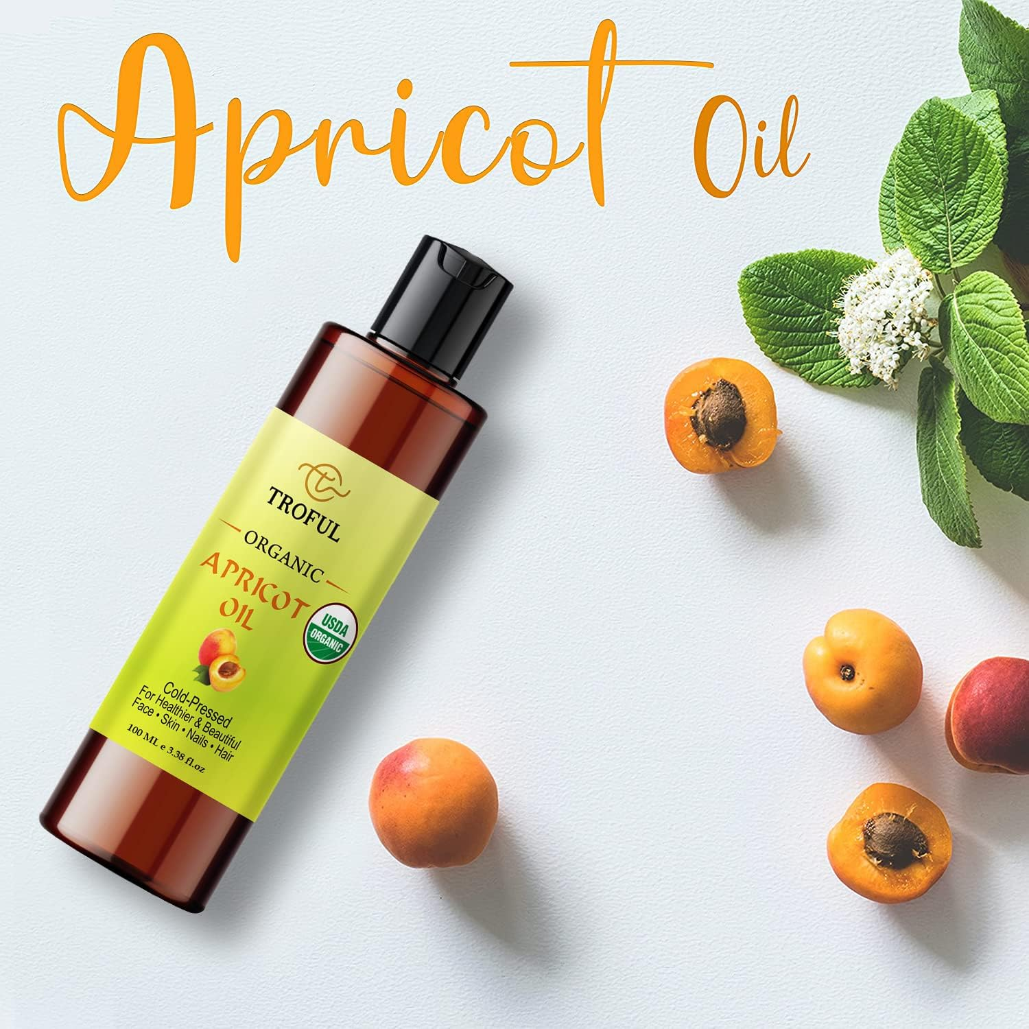 Troful Organic Apricot Oil for Face Skin Hair Growth - 100% Pure Natural Cold Pressed Organic Apricot Kernel Oil for Nail Cuticle Body Massage Anti-Aging - 100 Ml