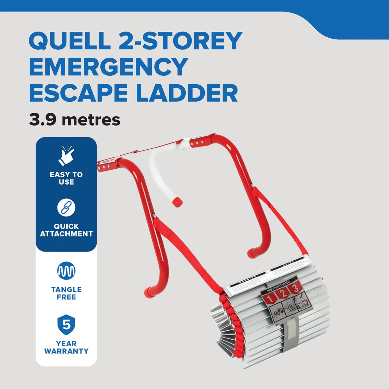 Quell 2-Storey Emergency Escape Ladder, 4M, Fully Assembled, Tool-Free Installation, Anti-Slip Rungs, Tangle-Free Deployment, Load Tested to 453Kg, Home Fire Safety image number 2