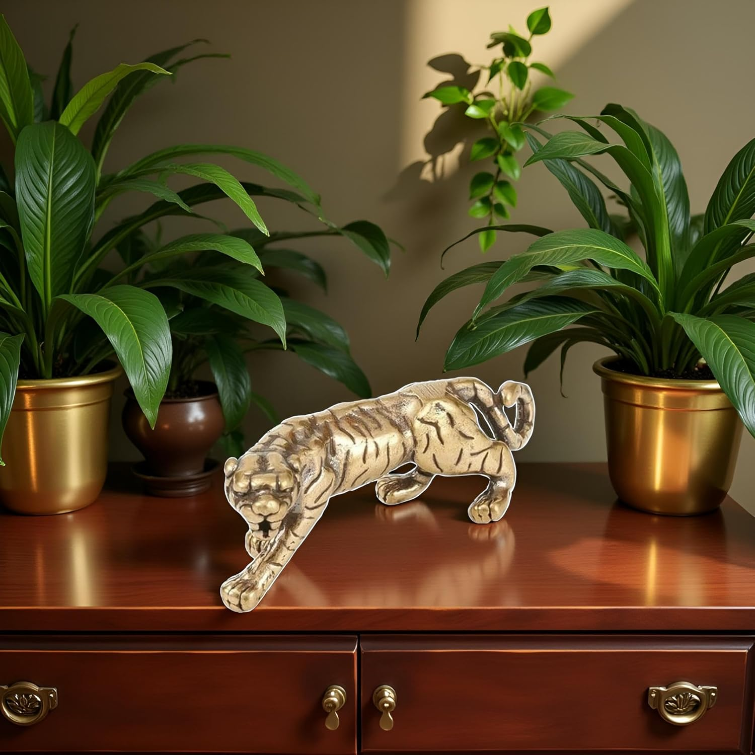 1Pc Gold Antique Copper Tiger King Figurines Home Decor Accessories Vintage Brass Animal Ornaments Desk Decorations Collectible Figurines image number 1