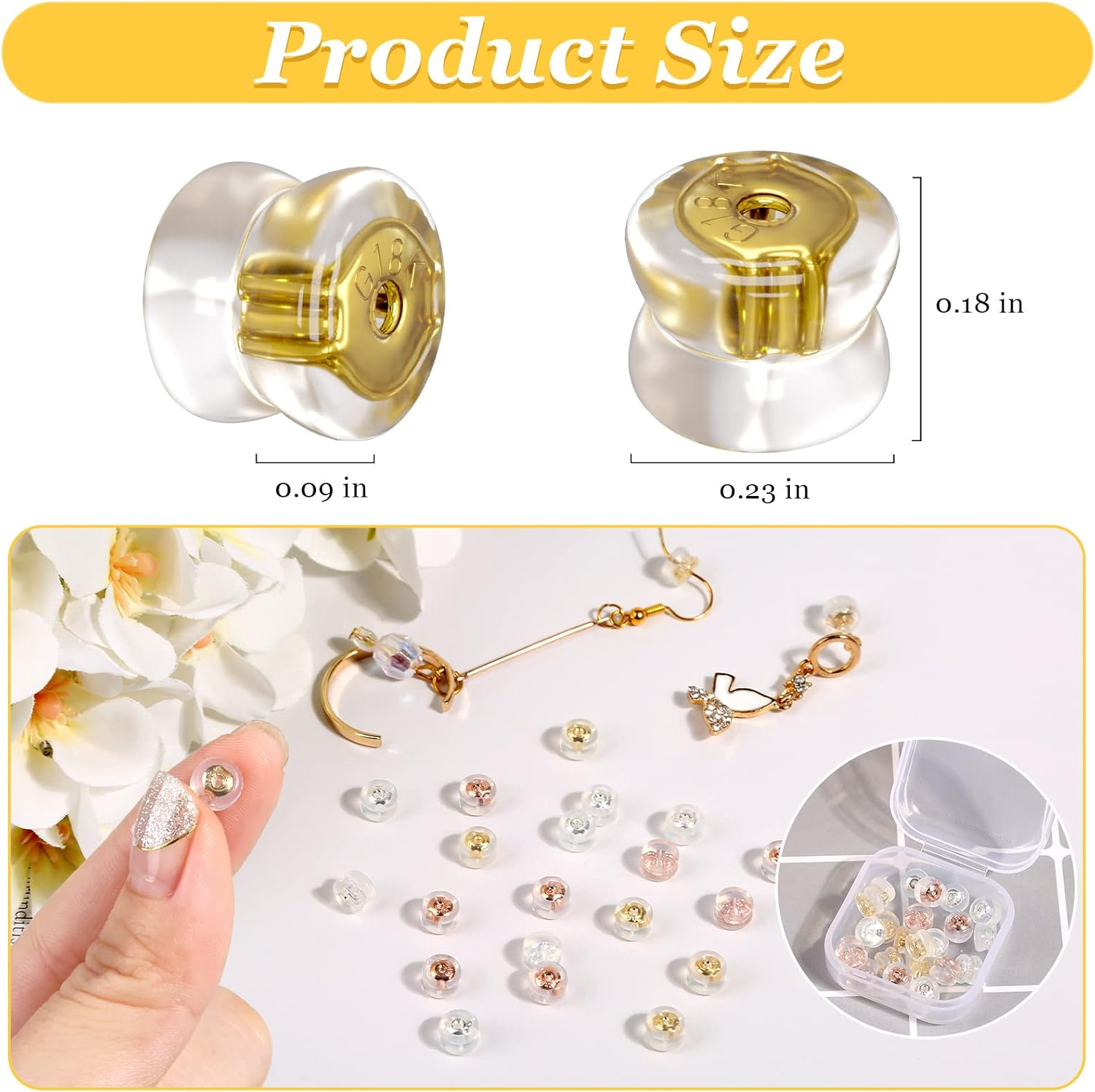 24 Pcs Silicone Earring Backs, 18K Gold Locking Secure Earring Backs for Studs Droopy Fish Hook Heavy, 12 Pairs Hypoallergenic Comfy Soft Earring Stoppers Replacement Clear for Adults Teens image number 5