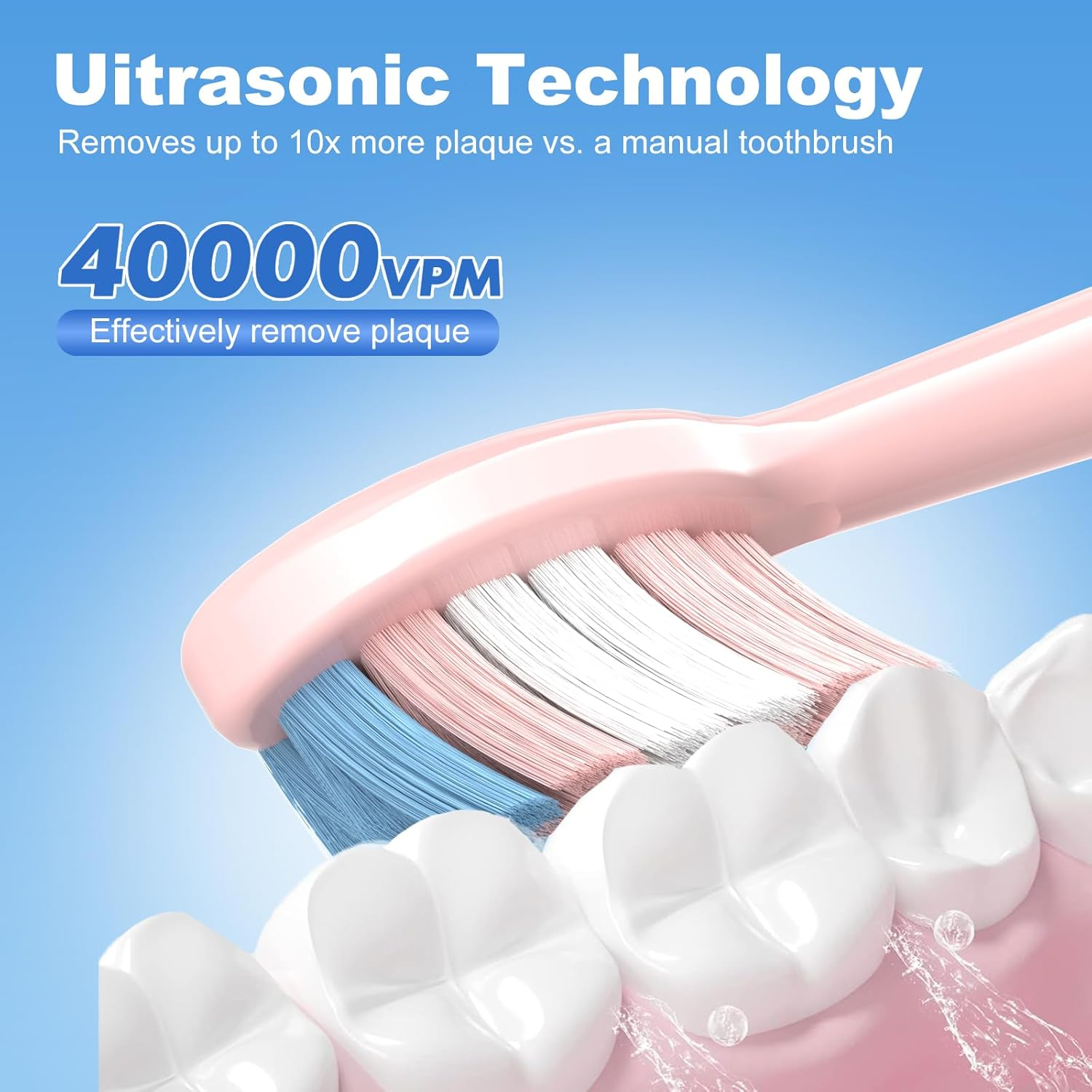 JTF Sonic Electric Toothbrushes for Adults，6 Brush Heads, 5 Modes, 60-Day Battery, Ipx7 Waterproof, 2 Mins Smart Timer, Toothbrush Holder, Travel Case, Portable Rechargeable Toothbrush，Pink image number 3