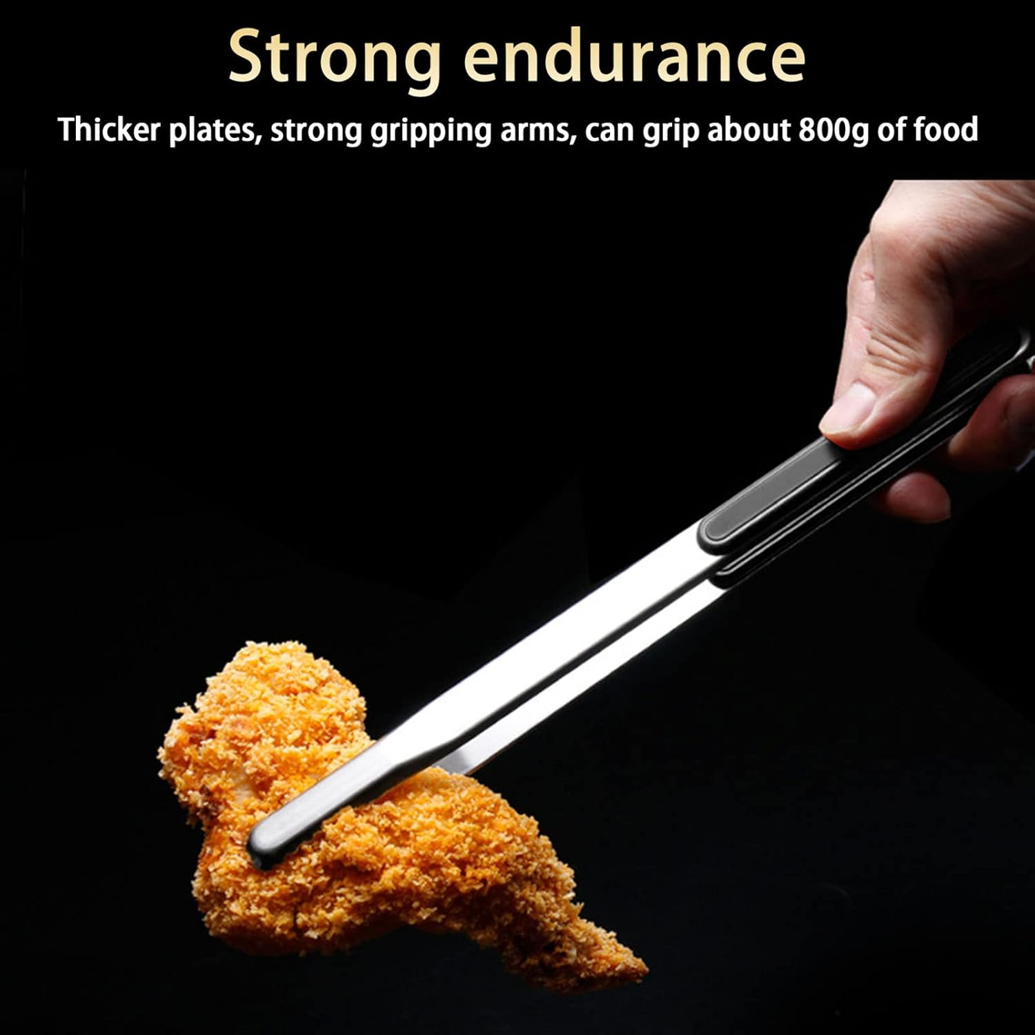 Barbecue Tongs Teeth Kitchen Cooking Tongs 25.5Cm Solid Stainless Steel Easy to (Black) image number 3