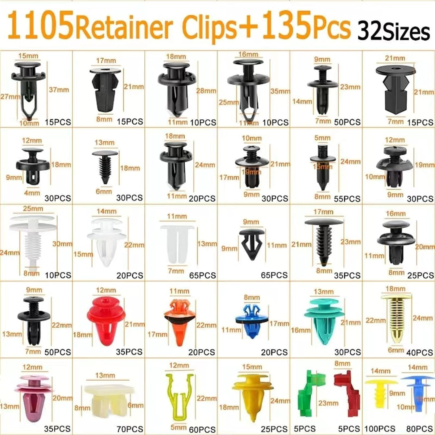 Oolong 1105 Car Retainer Clips - 135Pcs 32 Sizes Trim Removal Tool, Automotive Assortment Kit, Fasteners Rivets Repair, for Ford Toyota Honda Nissan image number 3