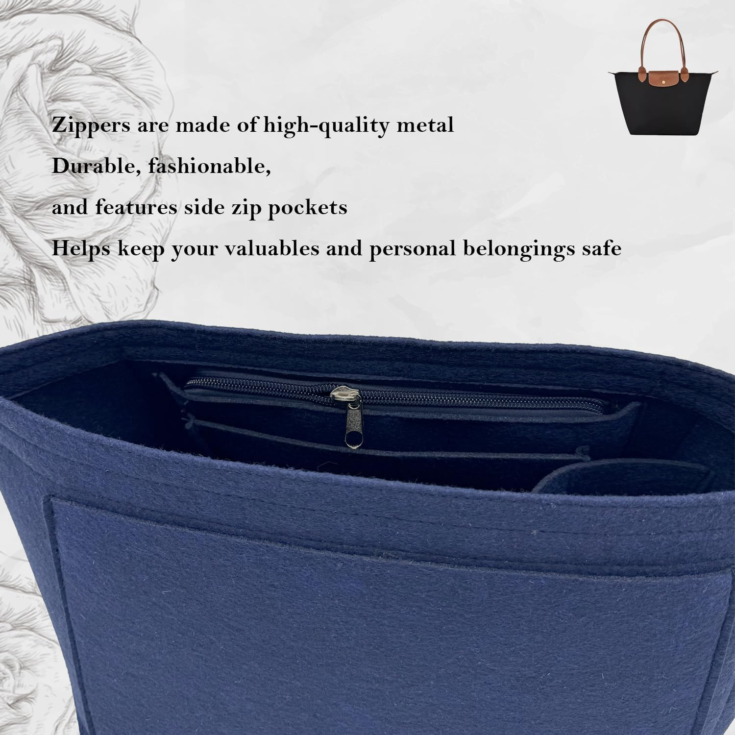 D.DUO Purse Organizer Insert, Bag Organizer for Le Pliage, Handbags Organizer Insert(Dark Blue, Large) image number 5
