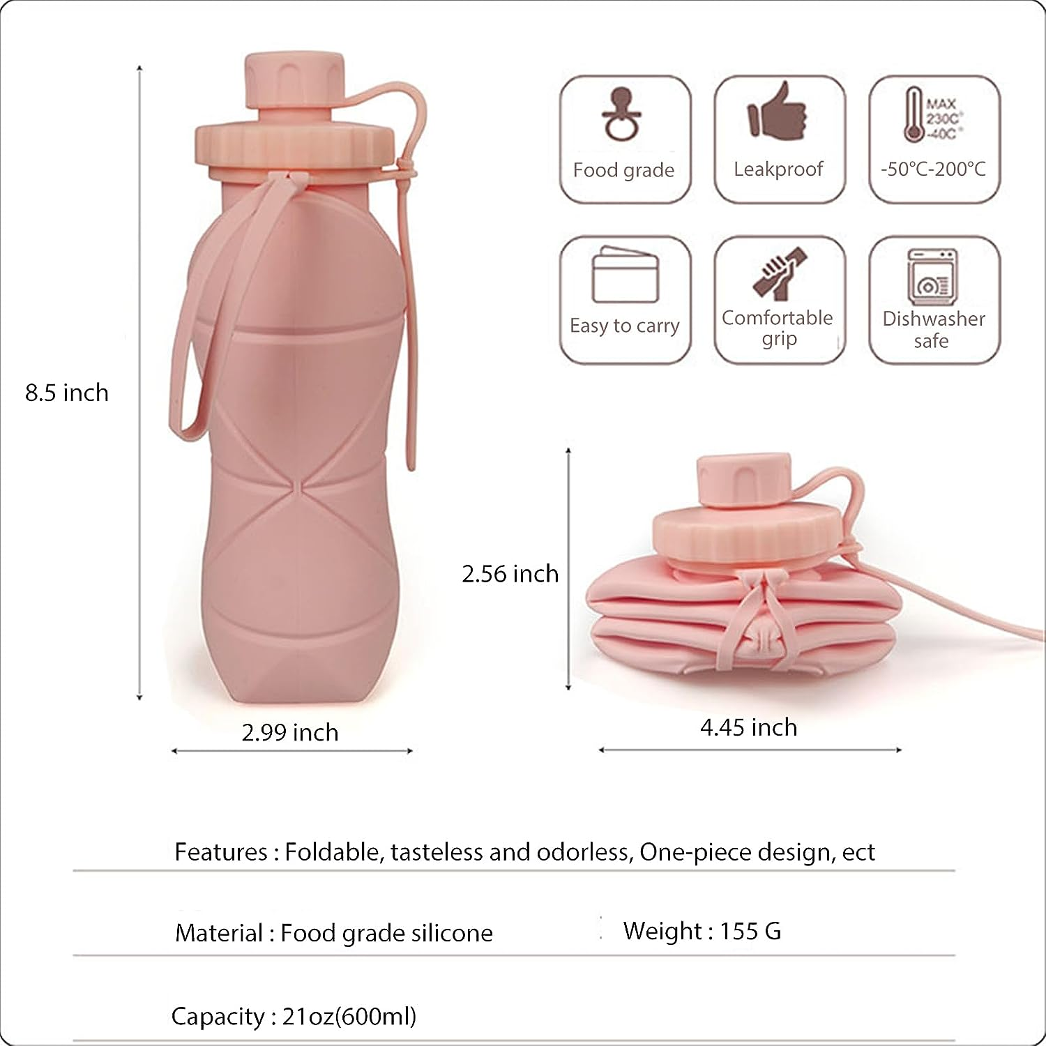 RUNGOS Collapsible Water Bottle for Travel Essentials [Double Leak-Proof Design] [Bottle Cap with Safety Rope] BPA Free Silicone Foldable Water Bottle for Outdoor Hiking Sports, Lightweight (Gray) image number 1