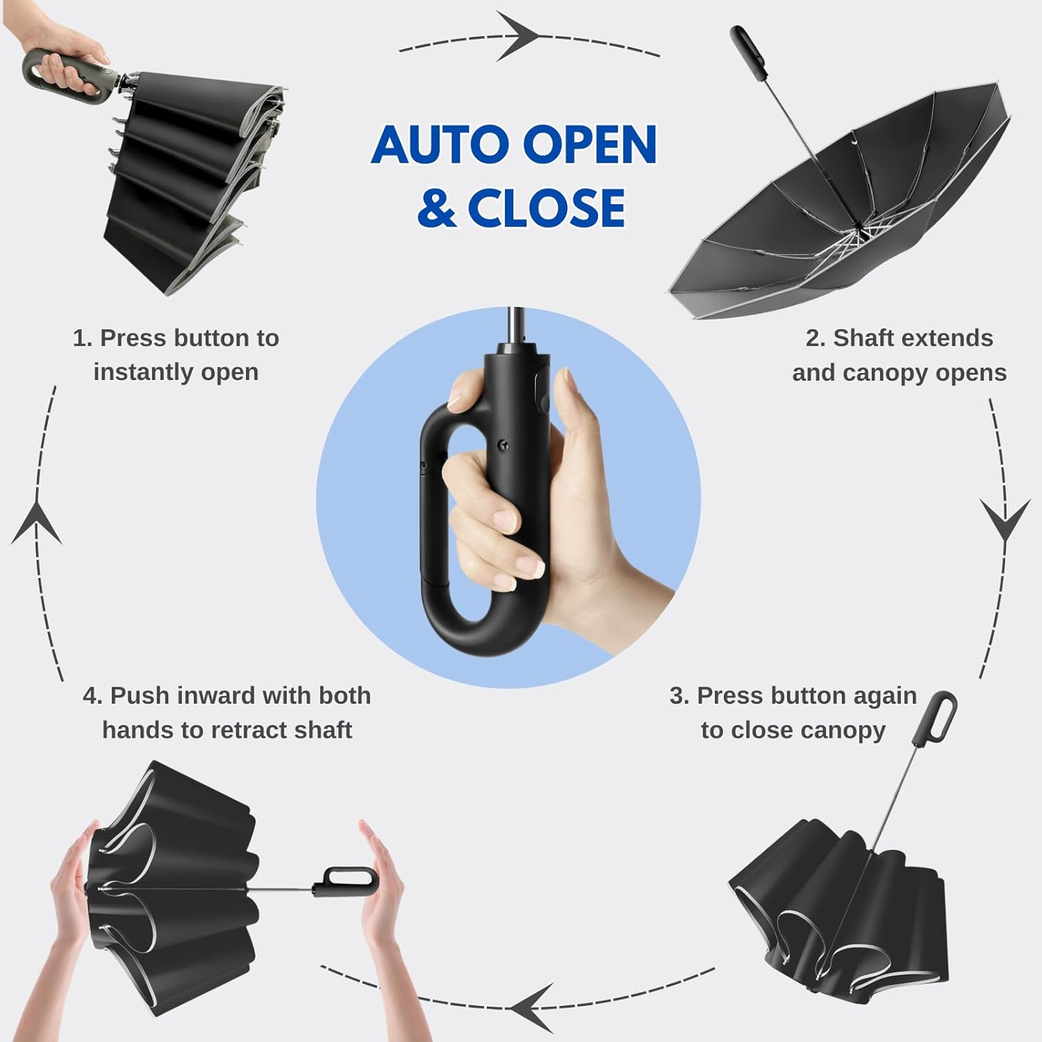 Automatic Extra Large Compact Umbrella with 10-Rib for Sun/Rain, Travel Windproof Folding Parasol with Hooking Handle, Inverted Dry Close and Safety Reflective Strips - Green image number 3